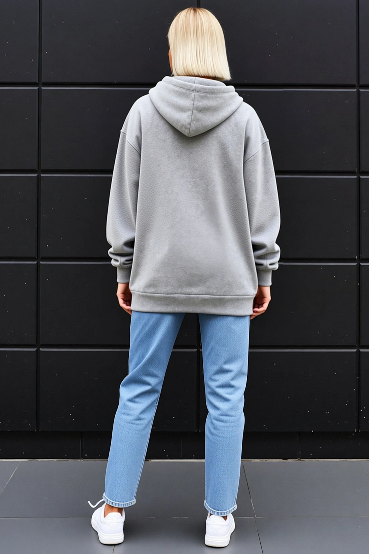 Kadın Uzun Kollu Kapşonlu Bağcıklı Yanlardan Fermuarlı Şardonlu İki İplik Sweatshirt Oversize Rahat