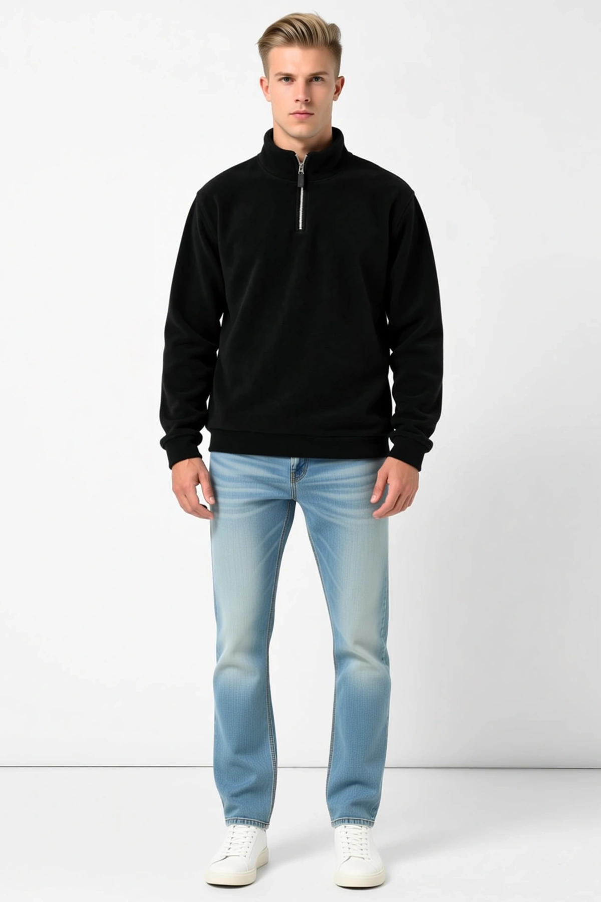 Erkek Polar Dik Yaka Yarım Fermuarlı Uzun Kollu Regular Fit Kışlık Konforlu Rahat Günlük Sweatshirt