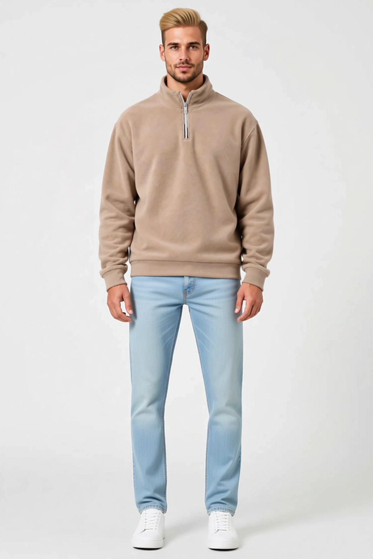 Erkek Polar Dik Yaka Yarım Fermuarlı Uzun Kollu Regular Fit Kışlık Sweatshirt Yumuşak Dokulu Rahat