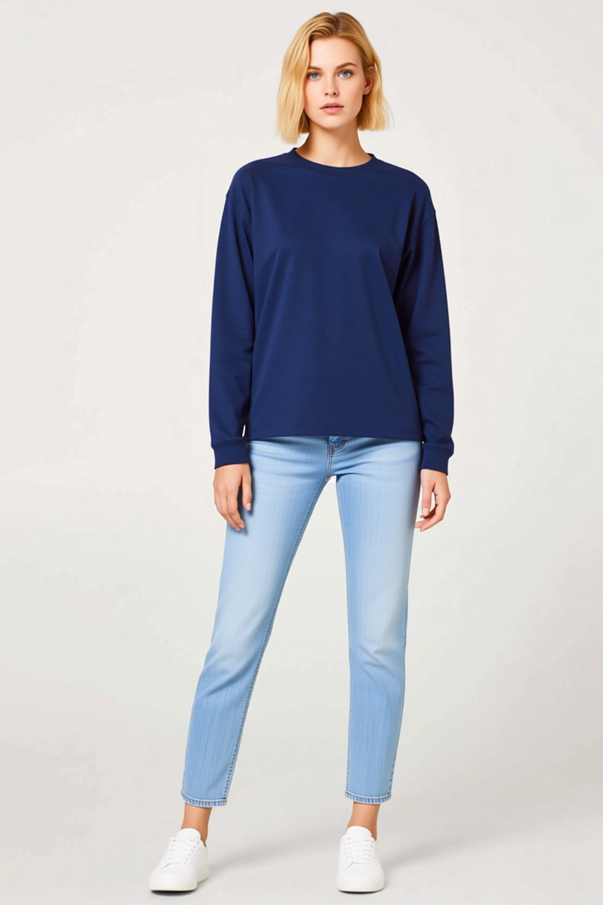Kadın Günlük Konforlu Modal Yumuşak Dokulu Bisiklet Yaka Uzun Kollu Rahat Kesim Tişört Sweatshirt