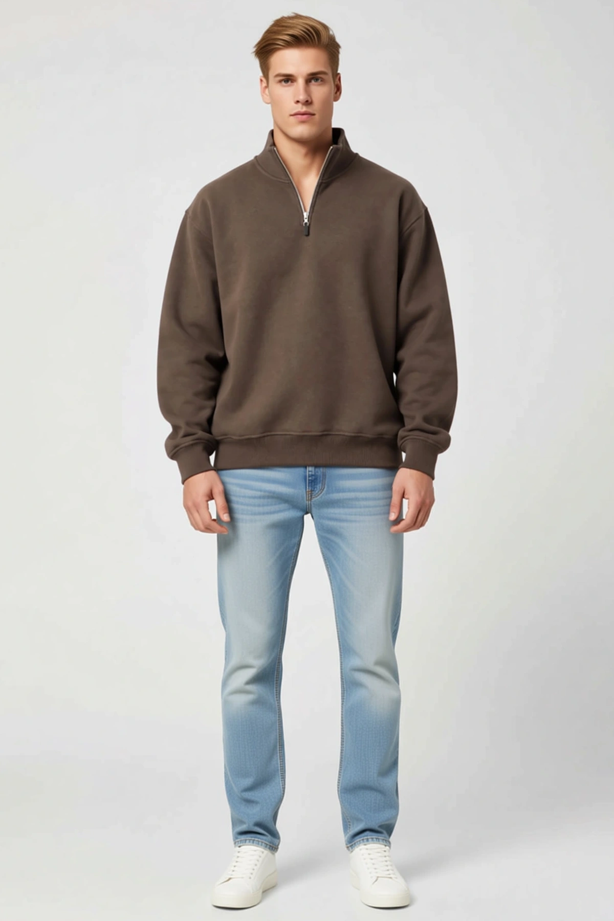 Erkek Üç İplik İçi Şardonlu Dik Yaka Yarım Fermuarlı Kışlık Sweatshirt Rahat Kesim Modern Sezonluk