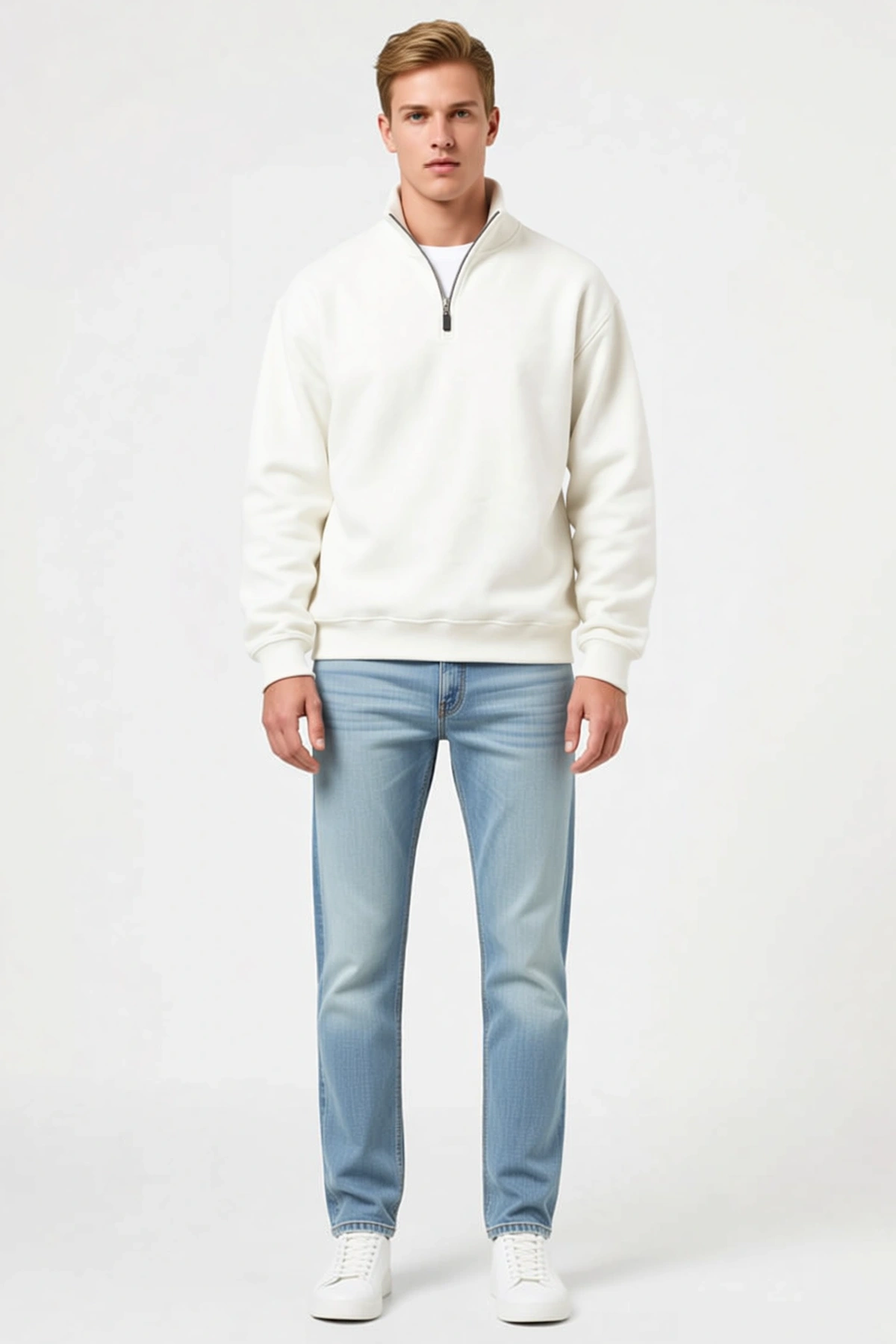 Erkek Üç İplik İçi Şardonlu Dik Yaka Yarım Fermuarlı Kışlık Sweatshirt Konforlu Sezonluk Rahat Kesim