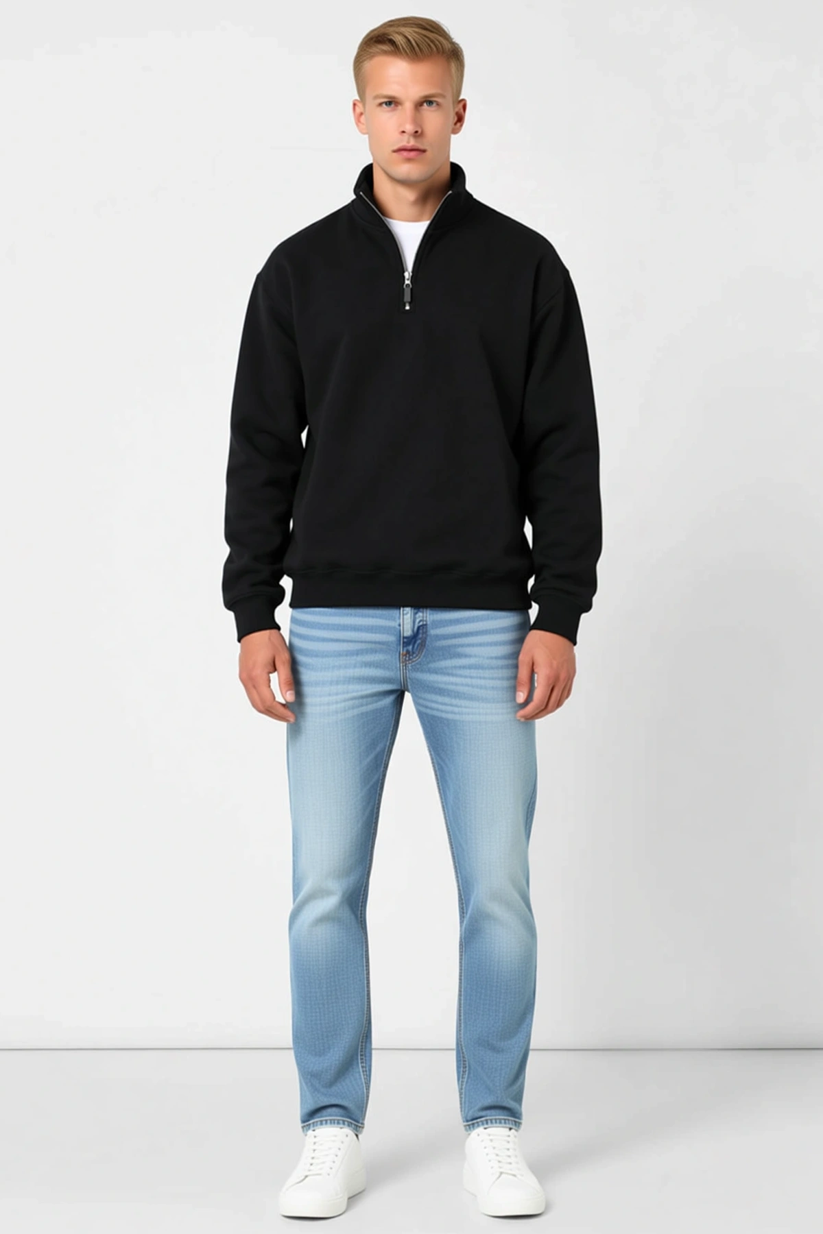 Erkek Üç İplik İçi Şardonlu Dik Yaka Yarım Fermuarlı Kışlık Sweatshirt Günlük Kesim Modern Sezonluk