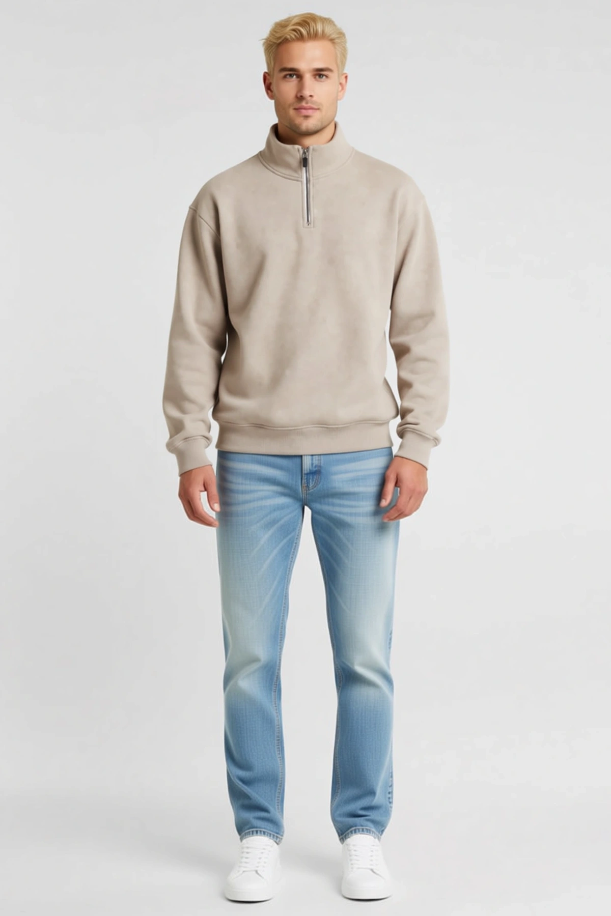 Erkek Üç İplik İçi Şardonlu Dik Yaka Yarım Fermuarlı Kışlık Sweatshirt Rahat Kesim Sezonluk Günlük