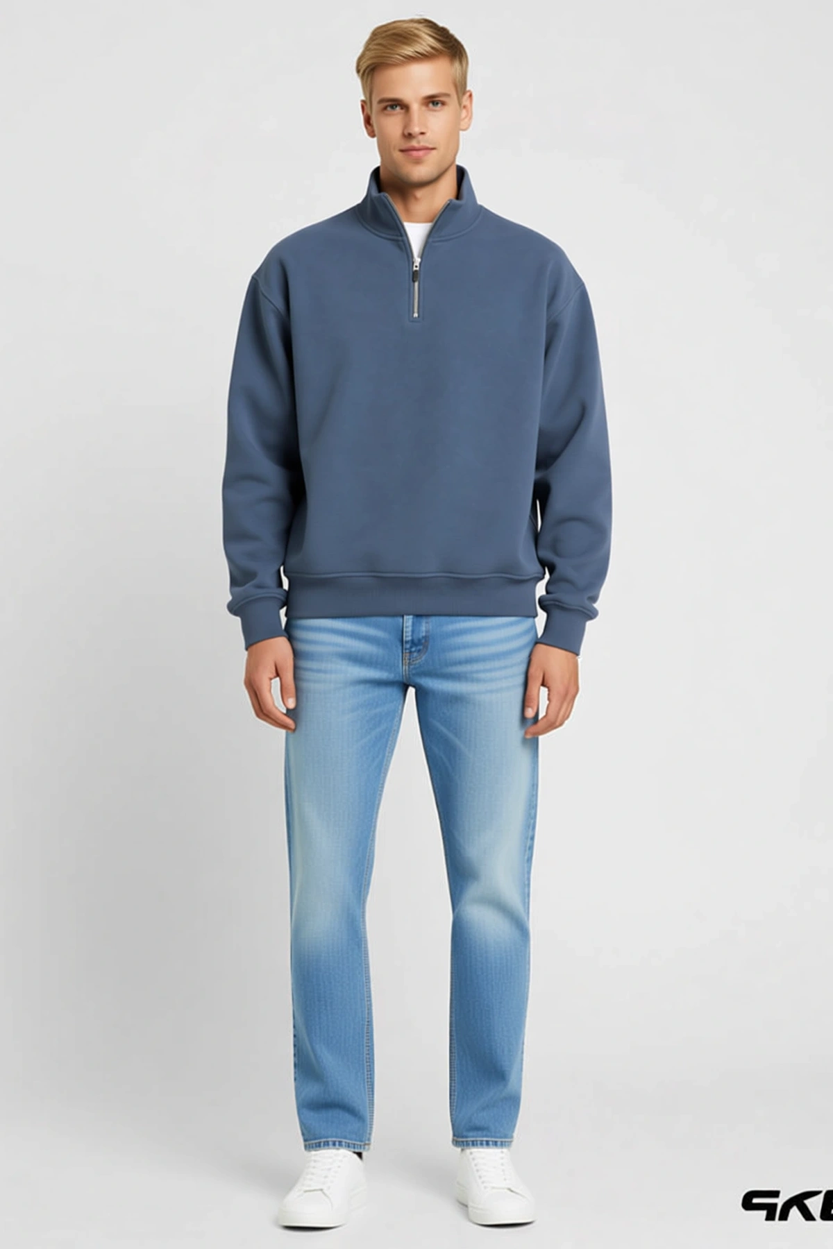 Erkek Üç İplik İçi Şardonlu Dik Yaka Yarım Fermuarlı Kışlık Günlük Konforlu Rahat Kesim Sweatshirt