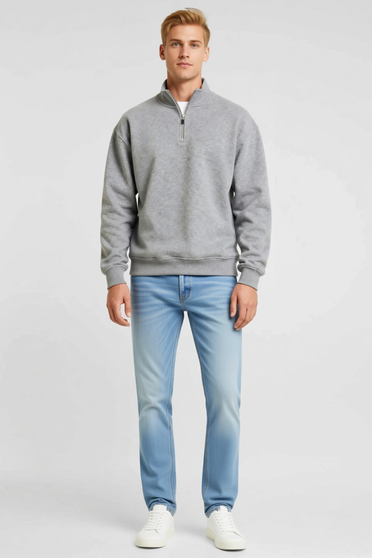 Erkek Üç İplik İçi Şardonlu Dik Yaka Yarım Fermuarlı Uzun Kollu Kışlık Sweatshirt Yumuşak Dokulu