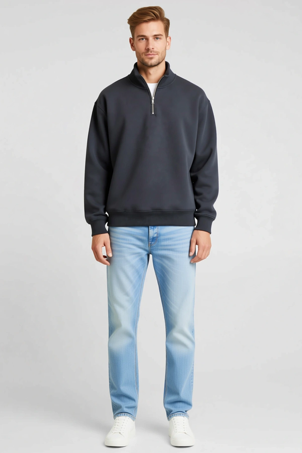 Erkek Üç İplik İçi Şardonlu Dik Yaka Yarım Fermuarlı Uzun Kollu Kışlık Sweatshirt Yumuşak Dokulu