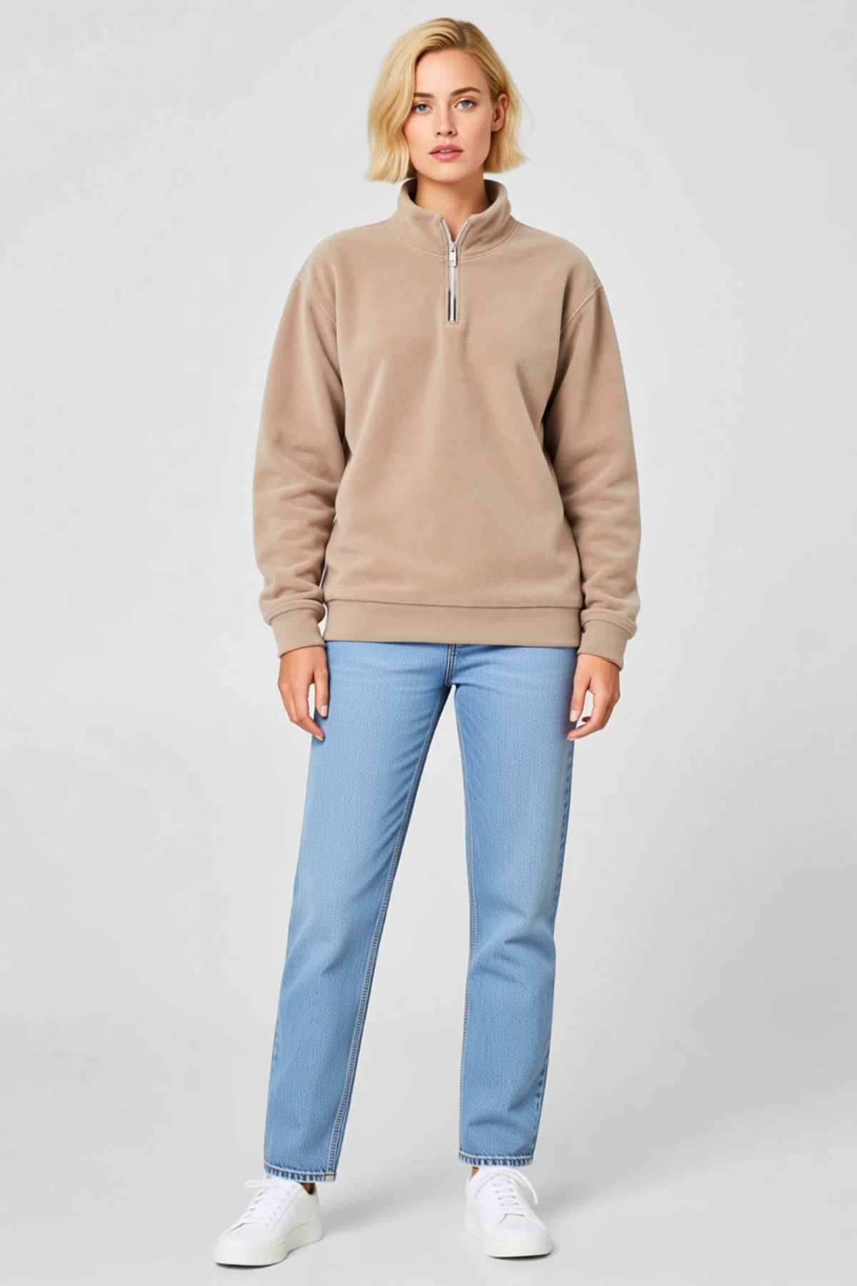 Kadın Polar Dik Yaka Yarım Fermuarlı Uzun Kollu Regular Fit Kışlık Sweatshirt Yumuşak Dokulu Rahat