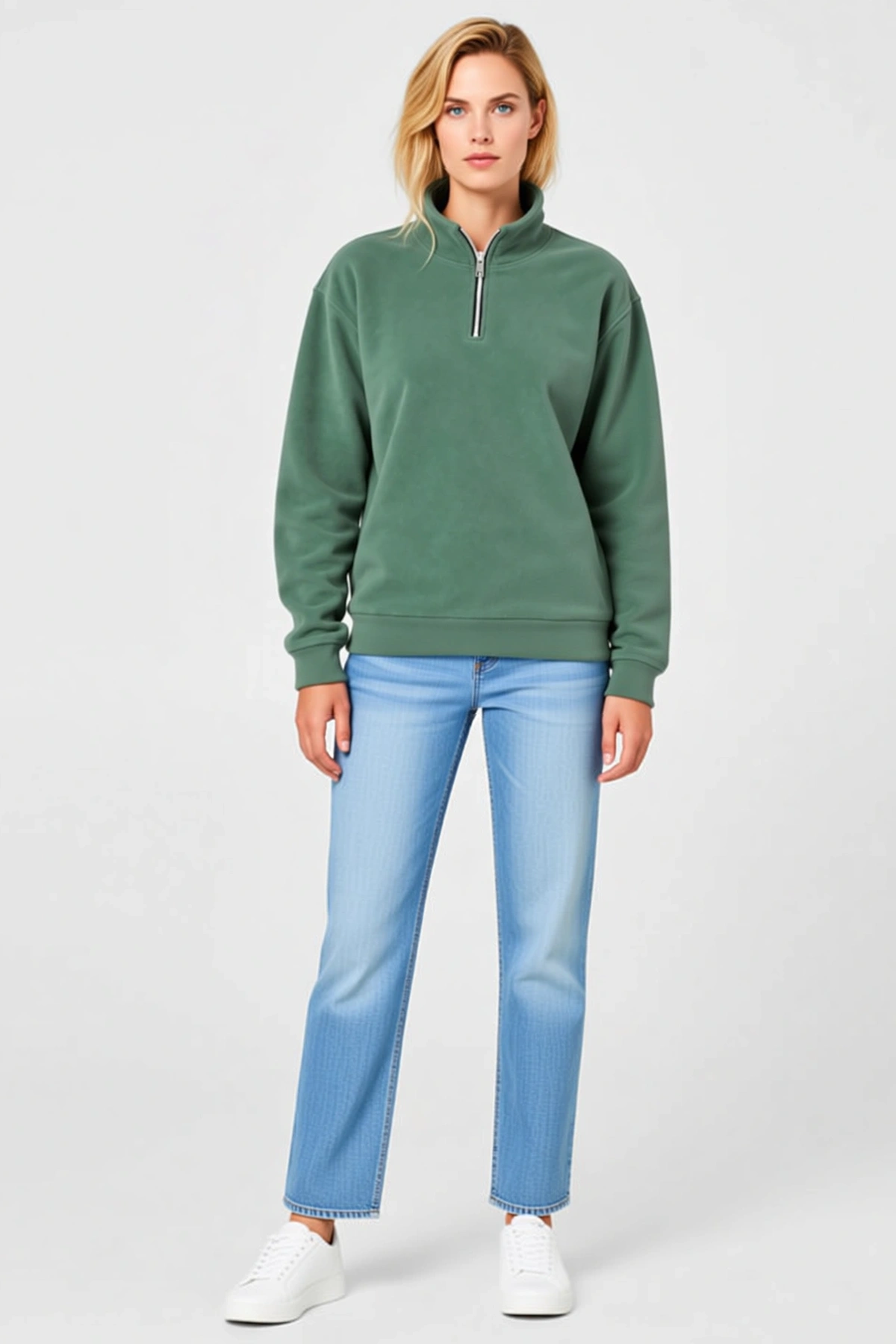 Kadın Polar Dik Yaka Yarım Fermuarlı Uzun Kollu Regular Fit Kışlık Günlük Konforlu Rahat Sweatshirt