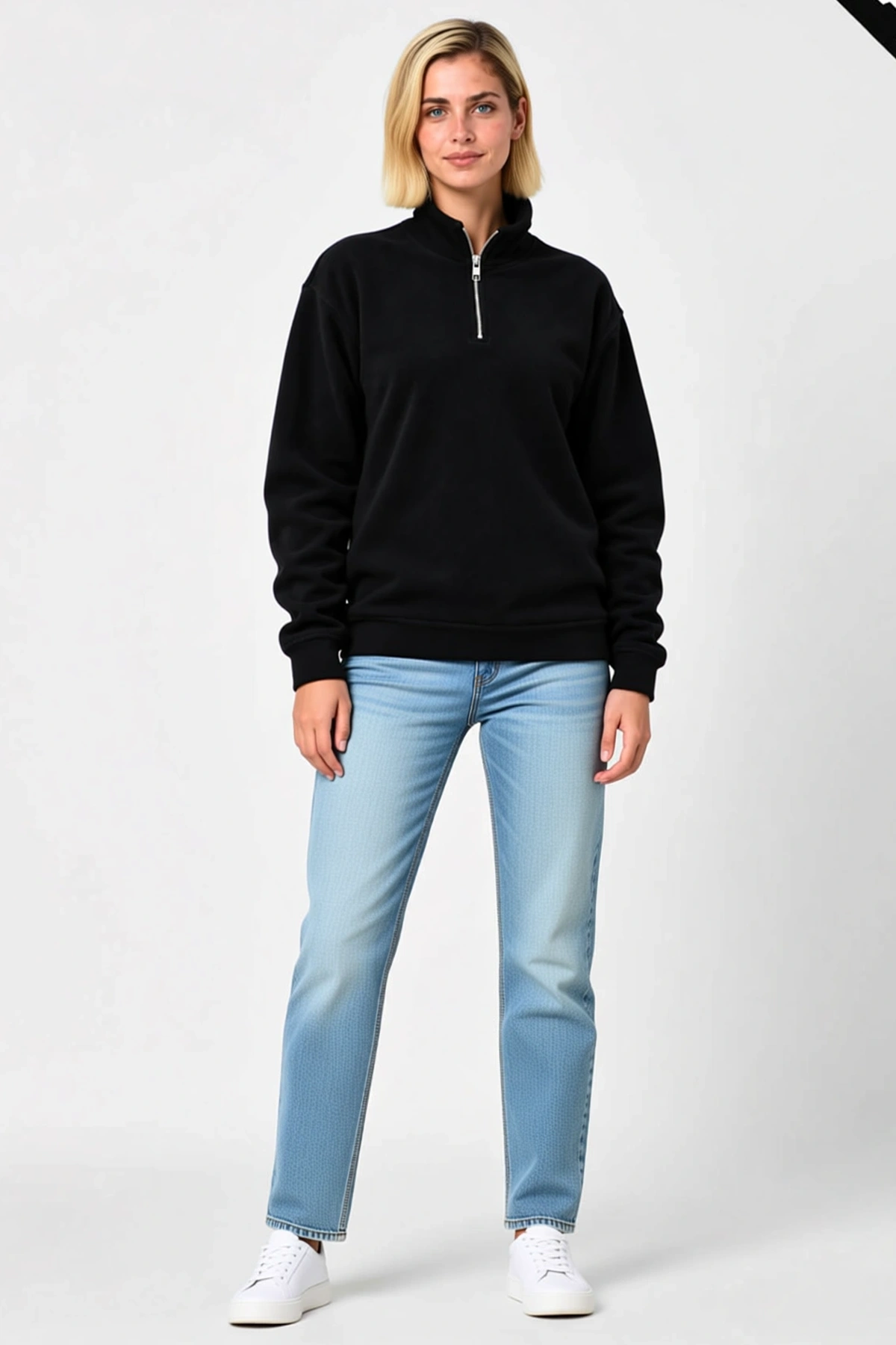 Kadın Polar Dik Yaka Yarım Fermuarlı Uzun Kollu Regular Fit Kışlık Sweatshirt Günlük Konforlu Rahat