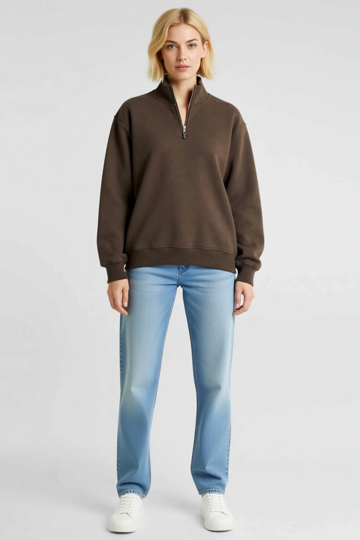 Kadın Üç İplik İçi Şardonlu Dik Yaka Yarım Fermuarlı Kışlık Sweatshirt Oversize Sezonluk Konforlu