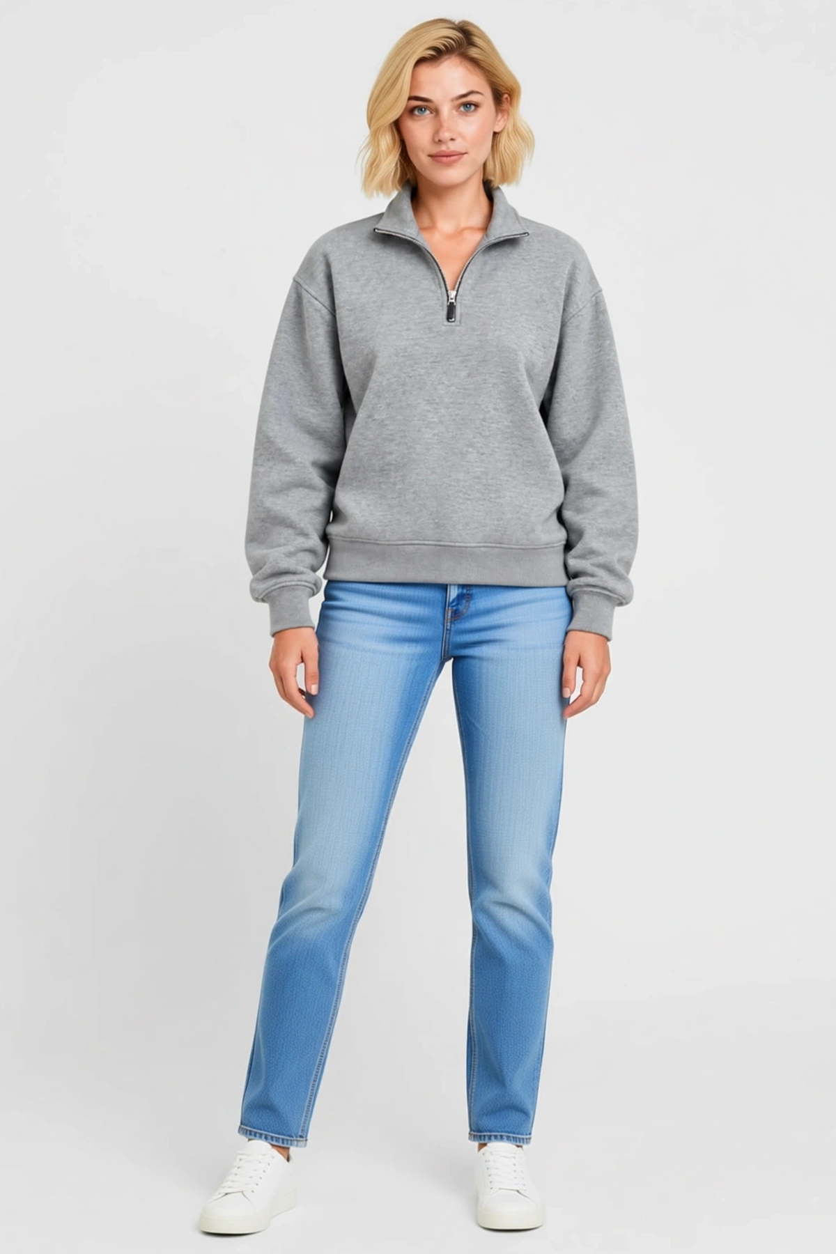 Kadın Üç İplik İçi Şardonlu Dik Yaka Yarım Fermuarlı Uzun Kollu Kışlık Sweatshirt Yumuşak Dokulu