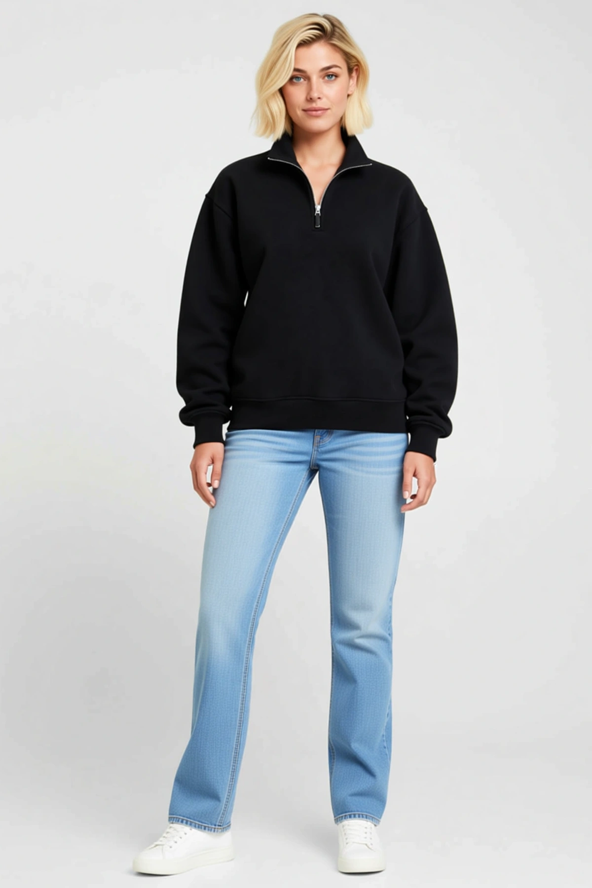Kadın Üç İplik İçi Şardonlu Dik Yaka Yarım Fermuarlı Kışlık Sweatshirt Günlük Kesim Modern Sezonluk