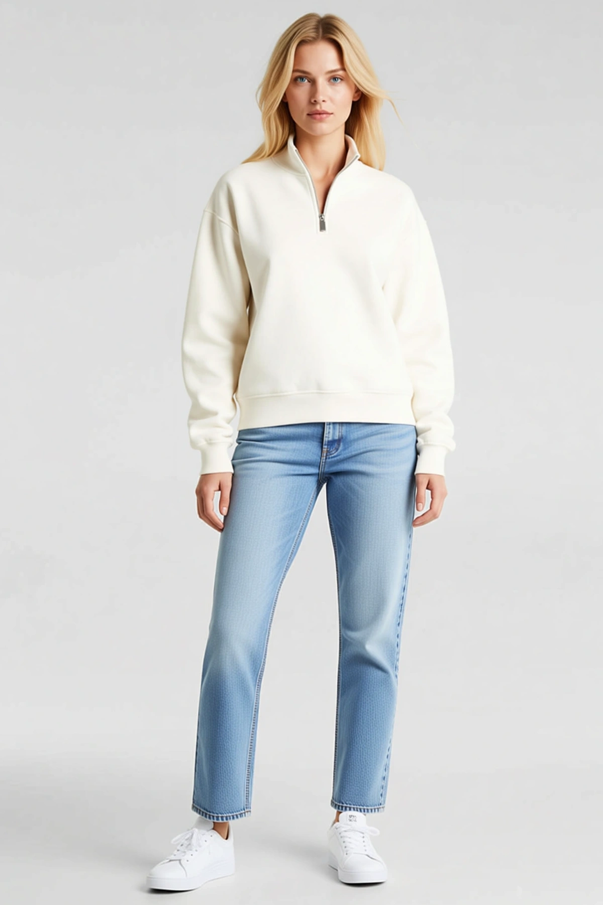 Kadın Üç İplik İçi Şardonlu Dik Yaka Yarım Fermuarlı Kışlık Sweatshirt Konforlu Sezonluk Günlük