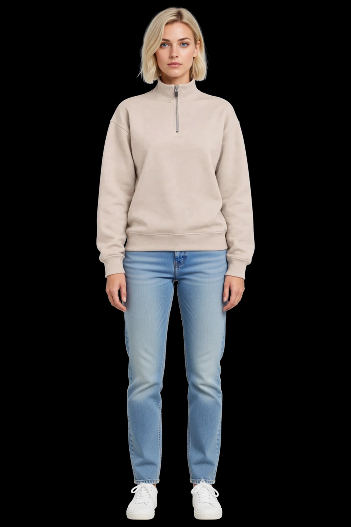 Kadın Üç İplik İçi Şardonlu Dik Yaka Yarım Fermuarlı Kışlık Sweatshirt Rahat Kesim Modern Sezonluk