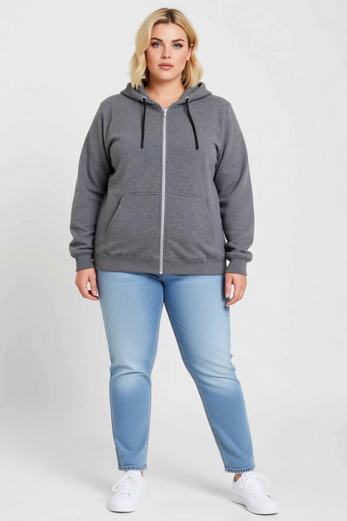 Kadın Büyük Beden Sweatshirt Üç İplik İçi Şardonlu Kapüşonlu Tam Fermuarlı Kışlık Günlük Modern
