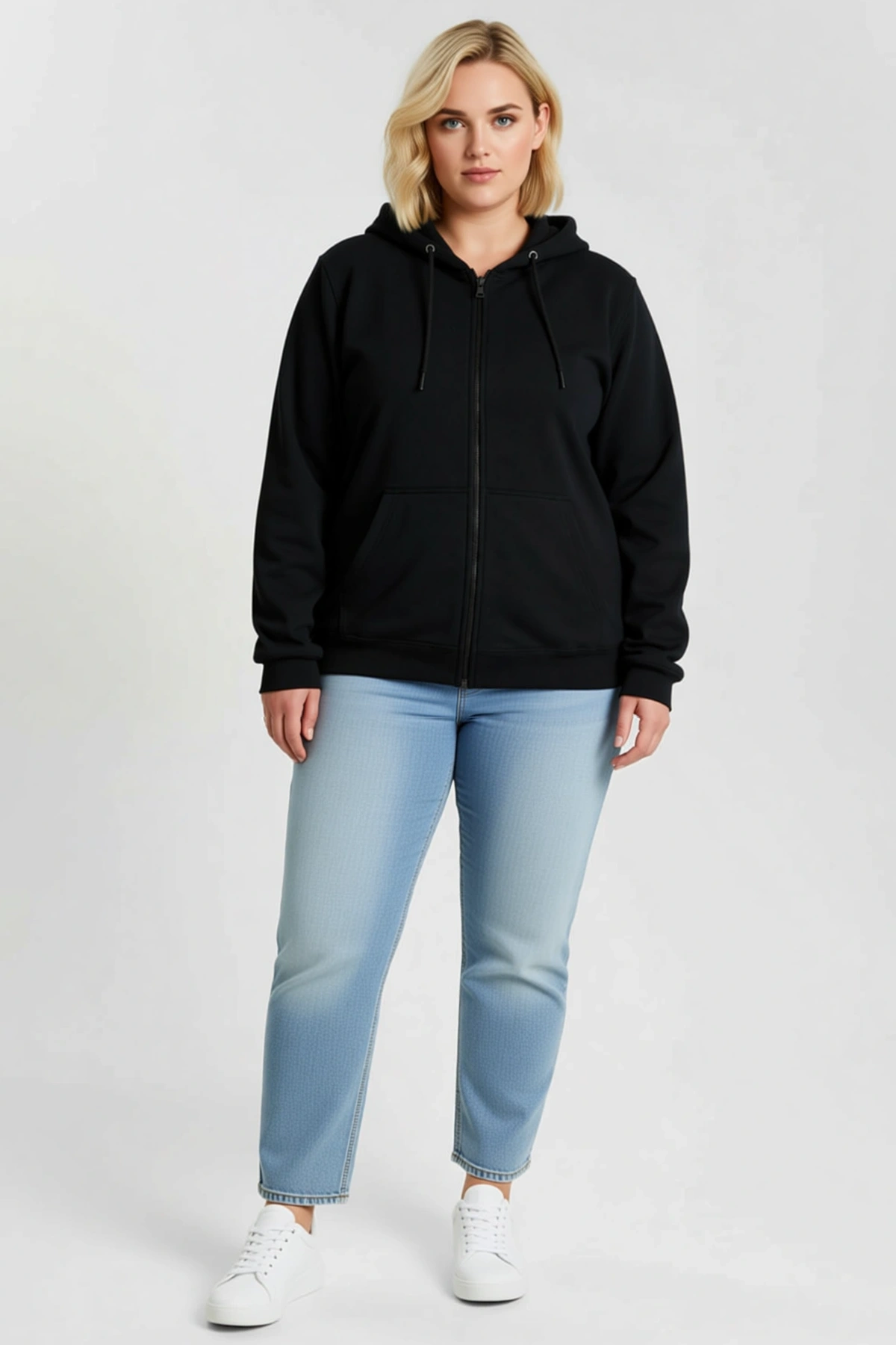 Kadın Büyük Beden Üç İplik İçi Şardonlu Kapüşonlu Tam Fermuarlı Kışlık Sweatshirt Günlük Sezonluk