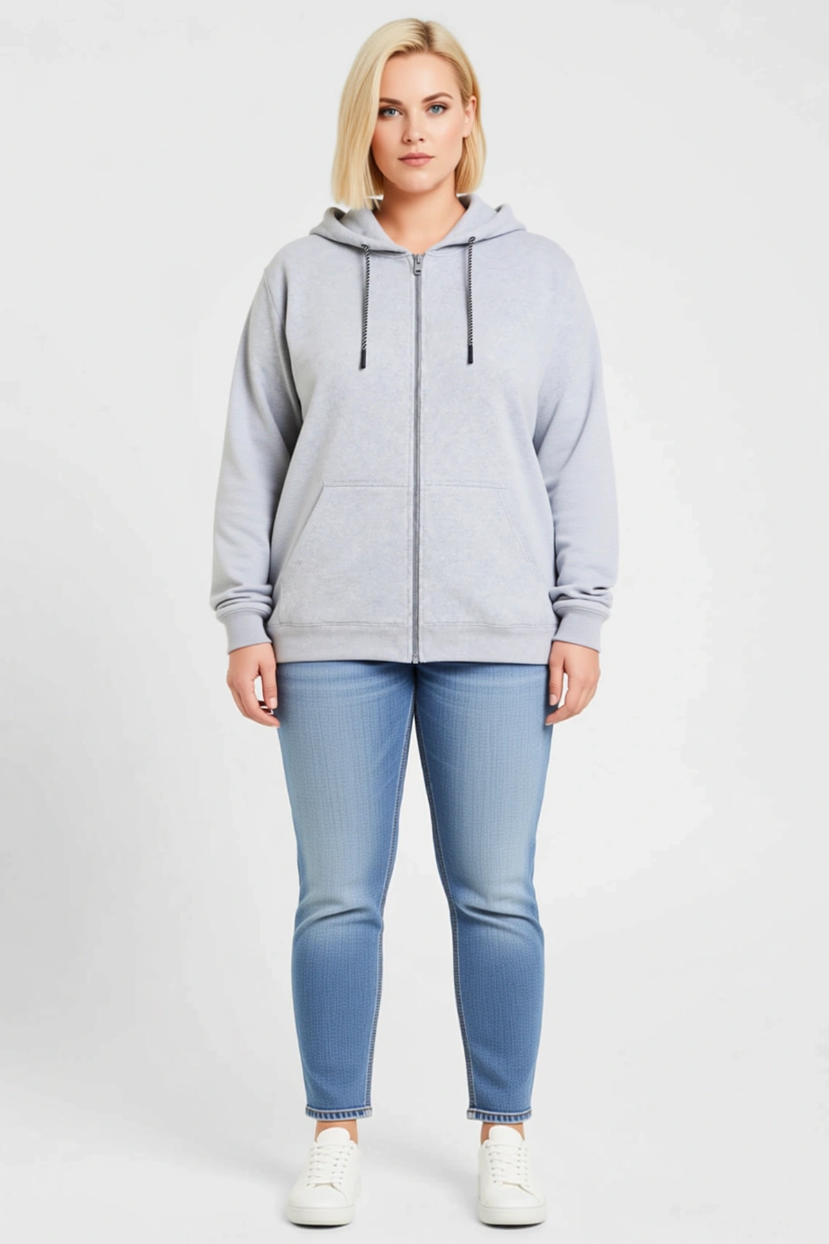Kadın Büyük Beden Sweatshirt Üç İplik İçi Şardonlu Kapüşonlu Tam Fermuarlı Kışlık Konforlu Rahat