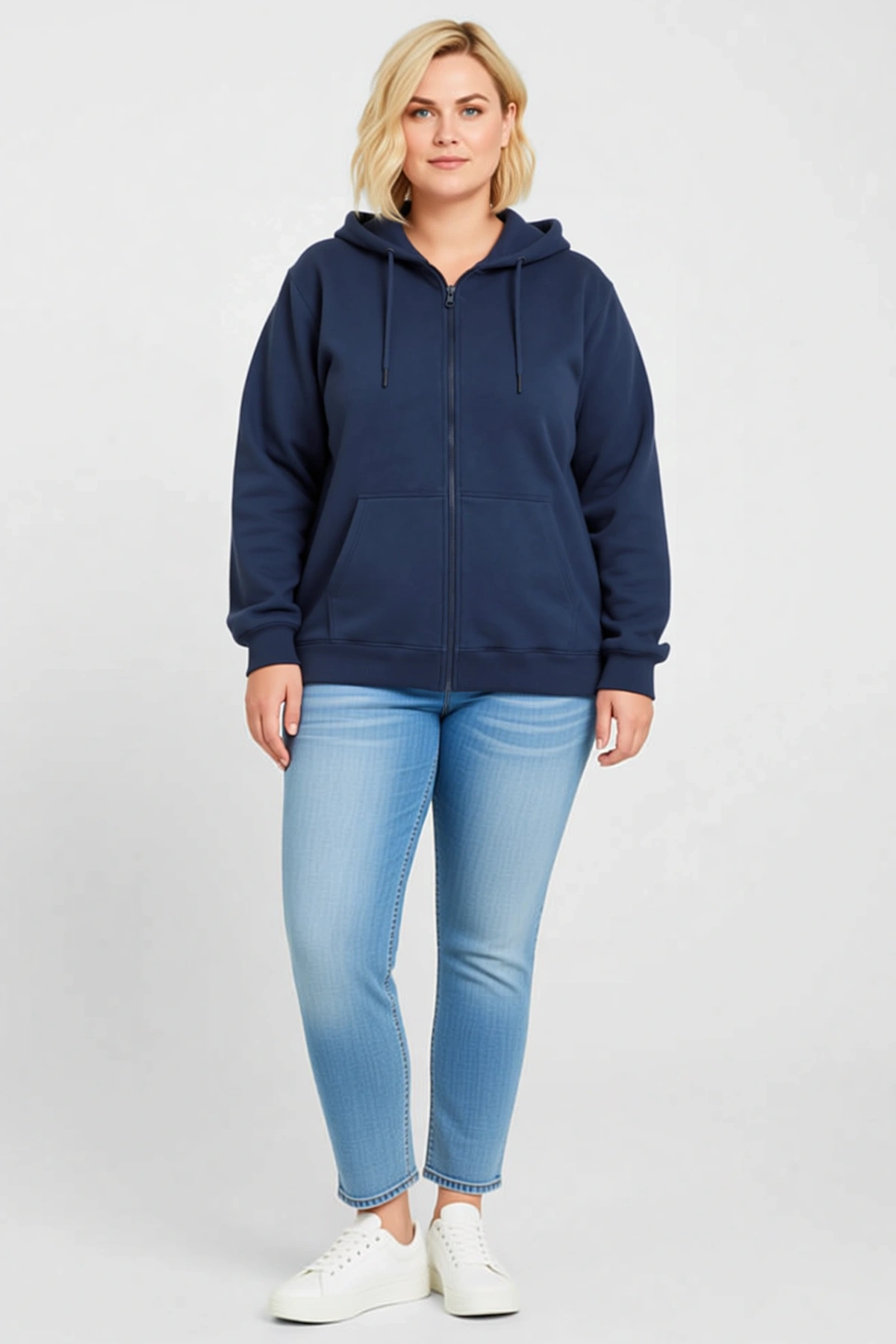 Kadın Büyük Beden Sweatshirt Üç İplik İçi Şardonlu Kapüşonlu Tam Fermuarlı Kışlık Yumuşak Dokulu