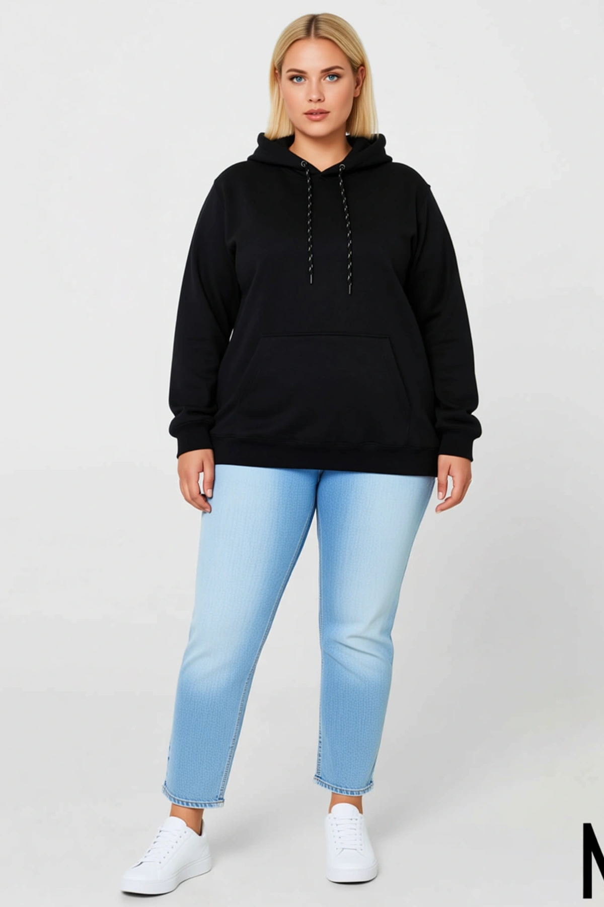 Kadın Büyük Beden Üç İplik İçi Şardonlu Kapüşonlu Kanguru Cepli Kışlık Günlük Rahat Sweatshirt Şık