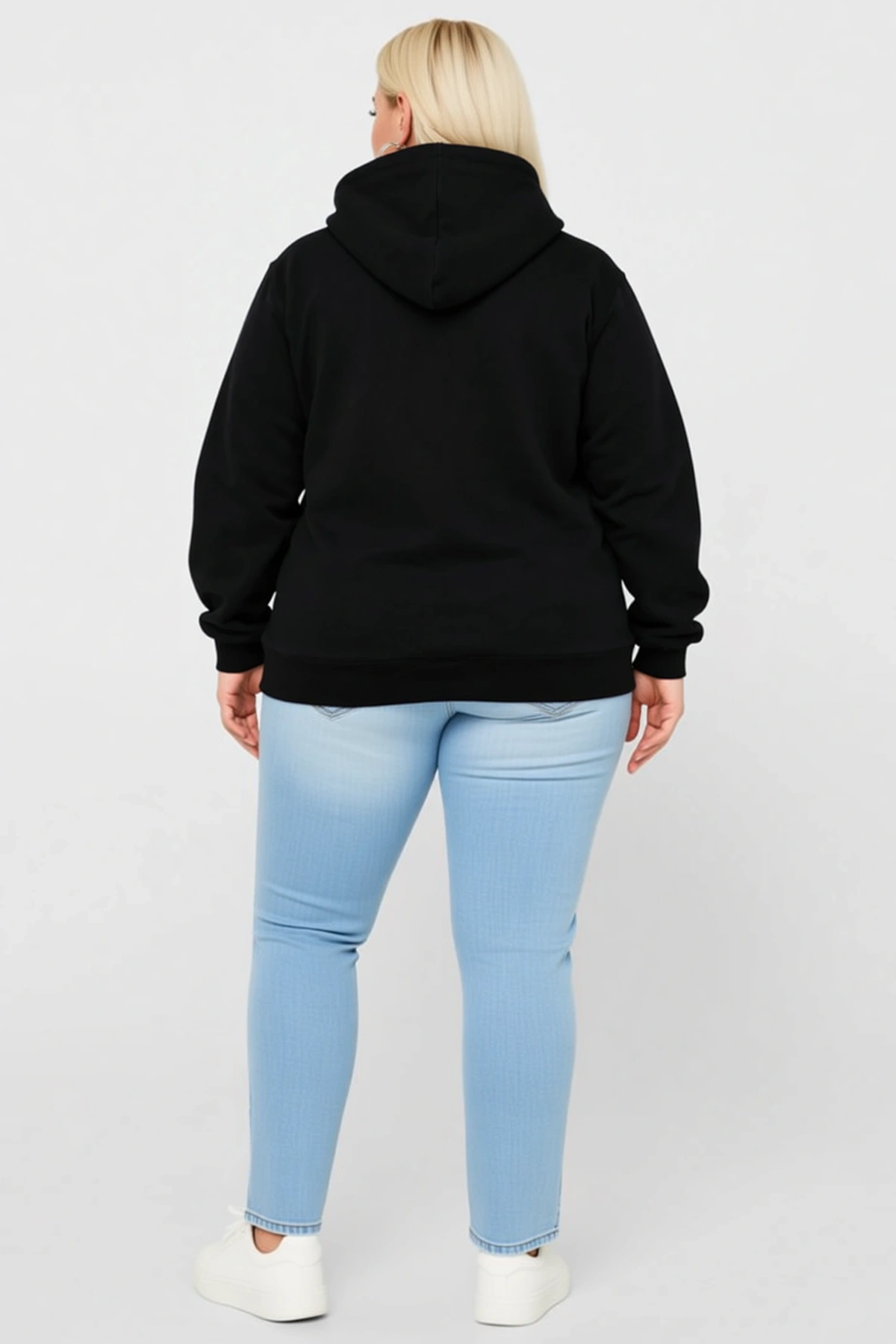 Kadın Büyük Beden Üç İplik İçi Şardonlu Kapüşonlu Kanguru Cepli Kışlık Günlük Rahat Sweatshirt Şık