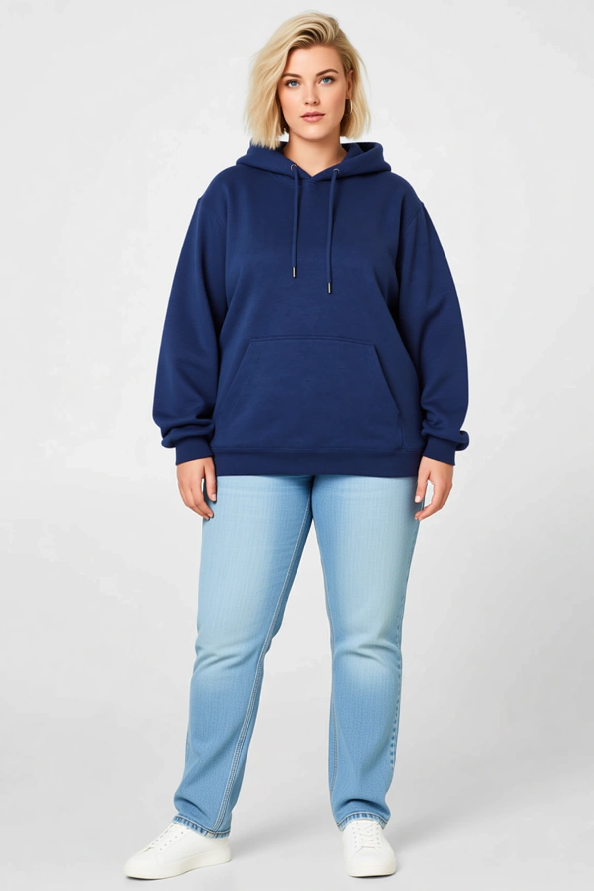 Kadın Battal Büyük Beden Üç İplik İçi Şardonlu Kapüşonlu Kanguru Cepli Kışlık Sweatshirt Modern