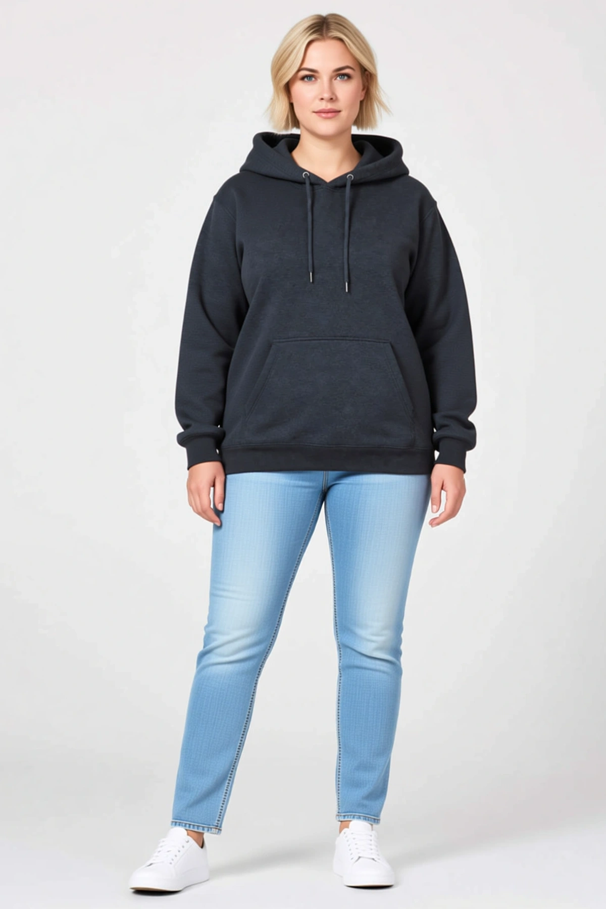 Kadın Battal Büyük Beden Üç İplik İçi Şardonlu Kapüşonlu Kanguru Cepli Kışlık Sweatshirt Günlük
