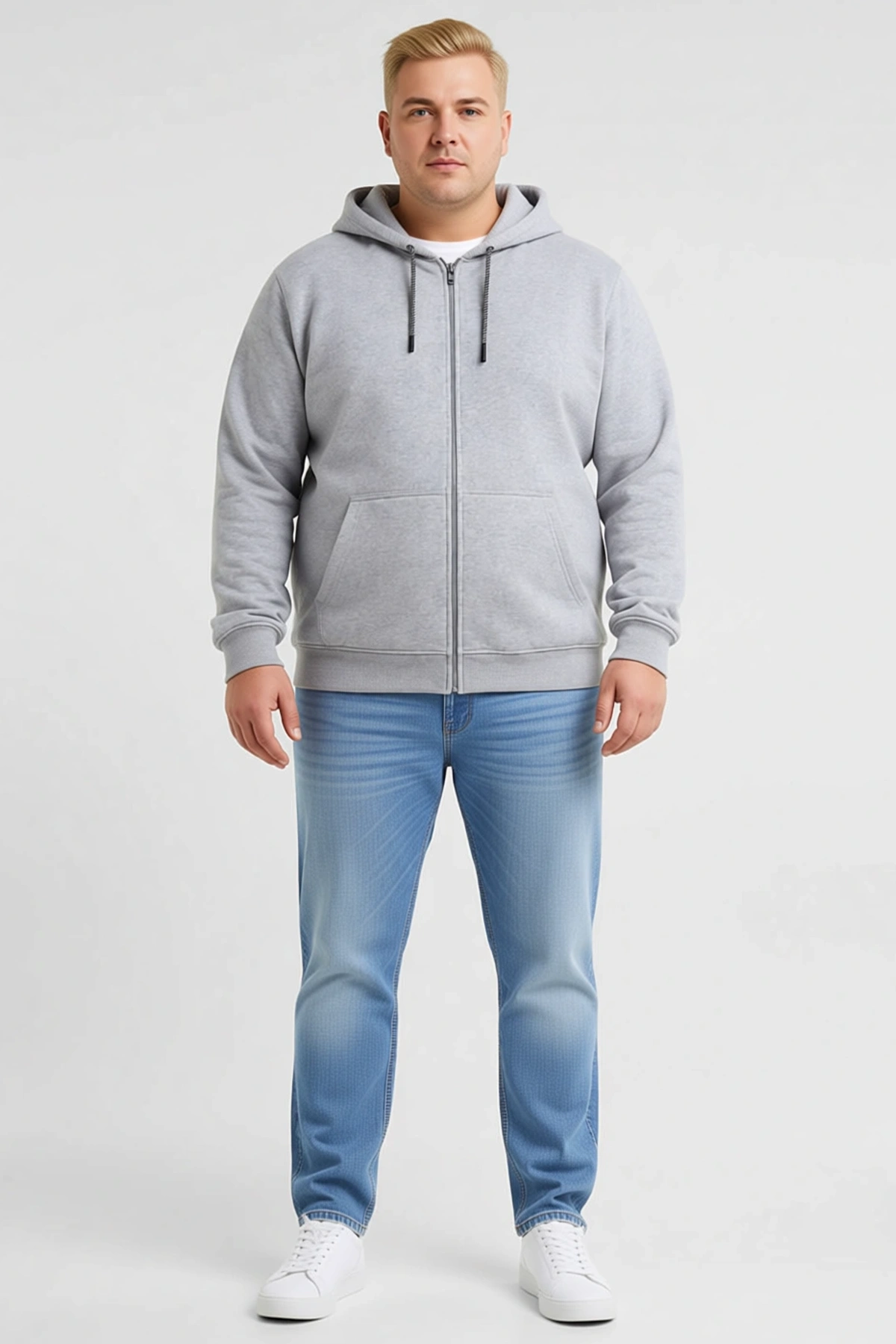 Erkek Büyük Beden Üç İplik İçi Şardonlu Kapüşonlu Tam Fermuarlı Kışlık Sweatshirt Günlük Sezonluk