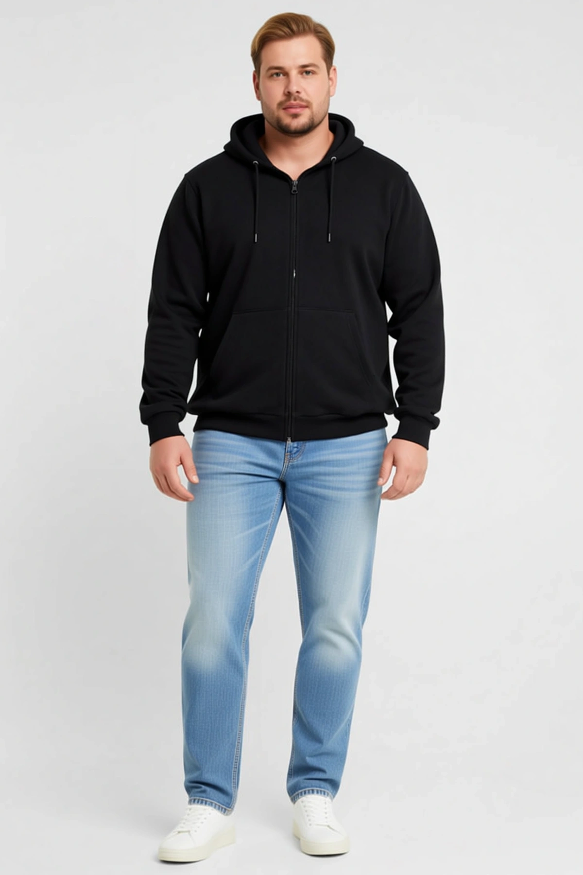 Erkek Büyük Beden Üç İplik İçi Şardonlu Kapüşonlu Tam Fermuarlı Kışlık Günlük Rahat Sweatshirt Şık