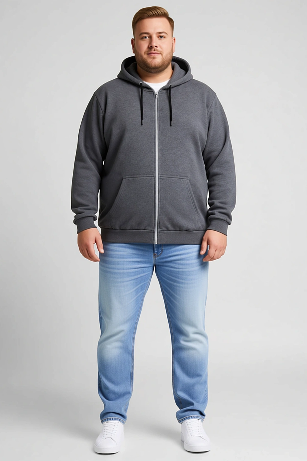 Erkek Battal Büyük Beden Üç İplik İçi Şardonlu Kapüşonlu Tam Fermuarlı Kışlık Sweatshirt Günlük