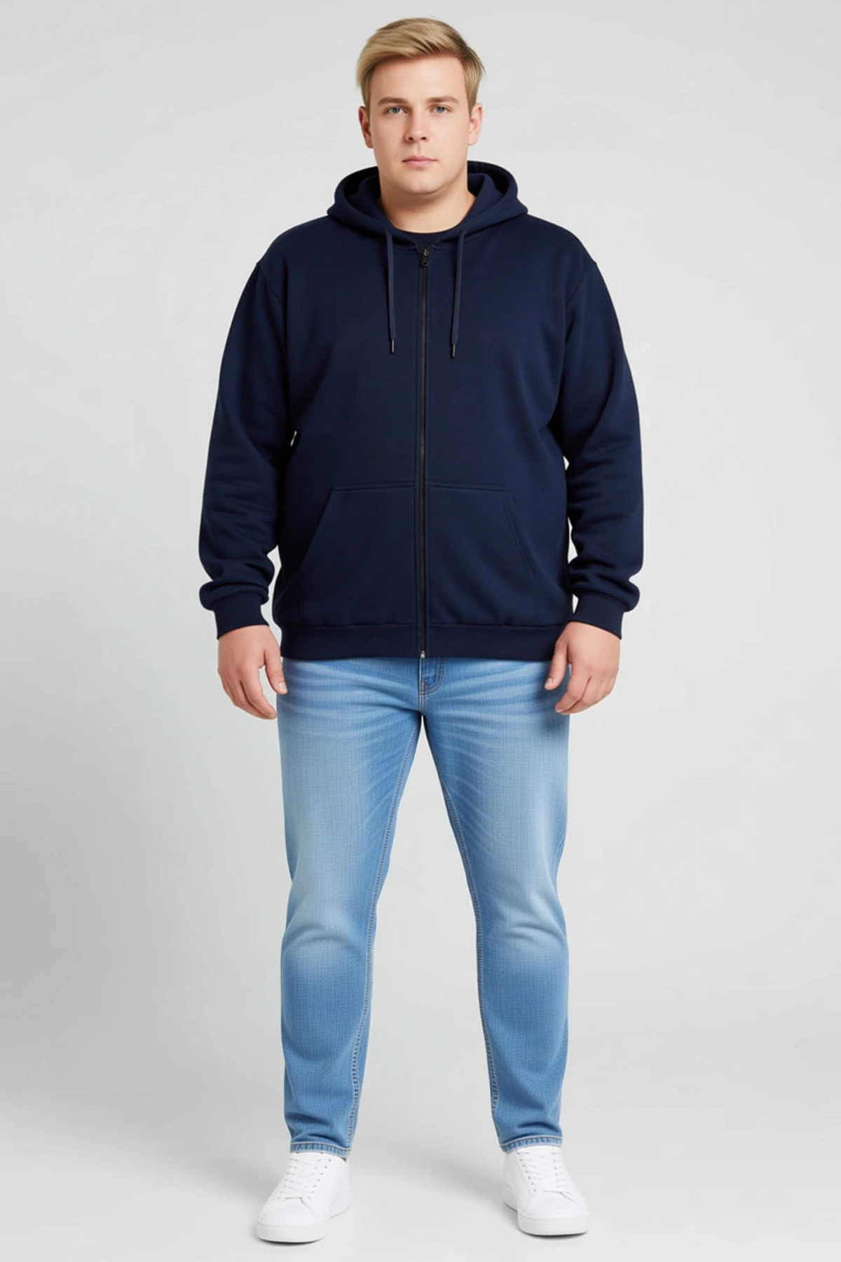 Erkek Büyük Beden Sweatshirt Üç İplik İçi Şardonlu Kapüşonlu Tam Fermuarlı Kışlık Yumuşak Dokulu