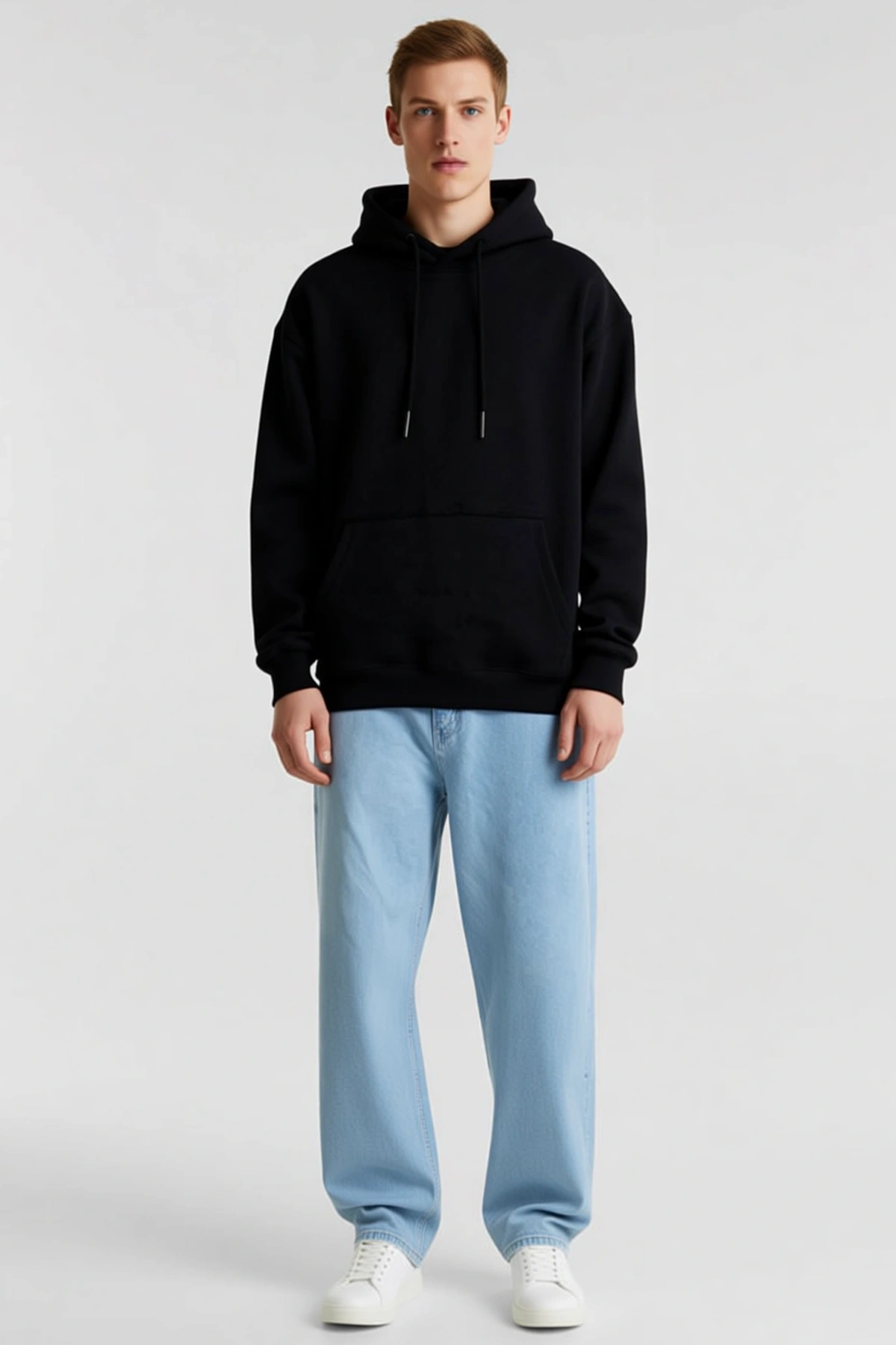 Erkek Düz Kapüşonlu Sweatshirt Oversize Kanguru Cepli Bağcıklı Rib Detaylı Düşük Omuz Rahat Günlük