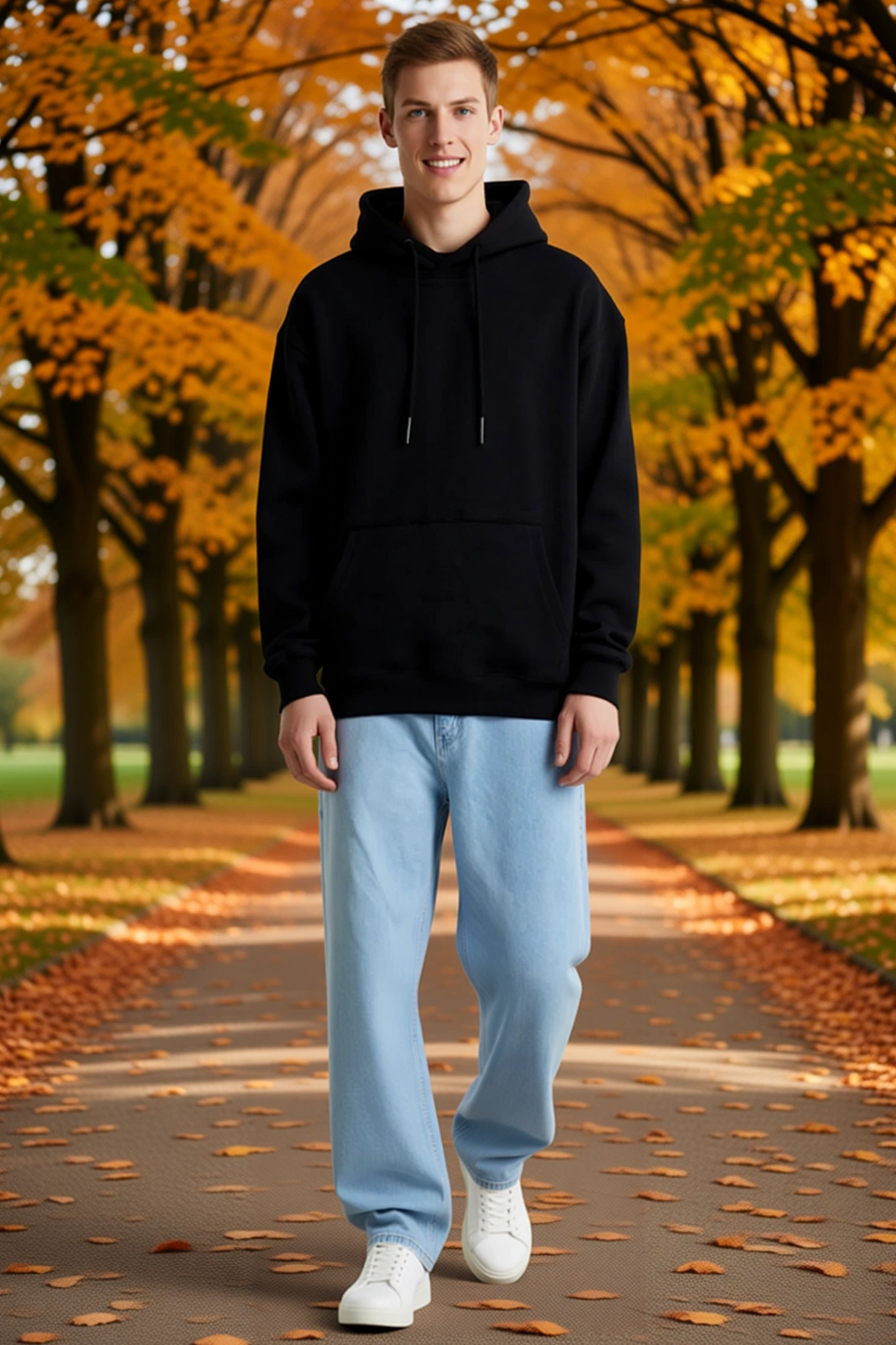 Erkek Düz Kapüşonlu Sweatshirt Oversize Kanguru Cepli Bağcıklı Rib Detaylı Düşük Omuz Rahat Günlük