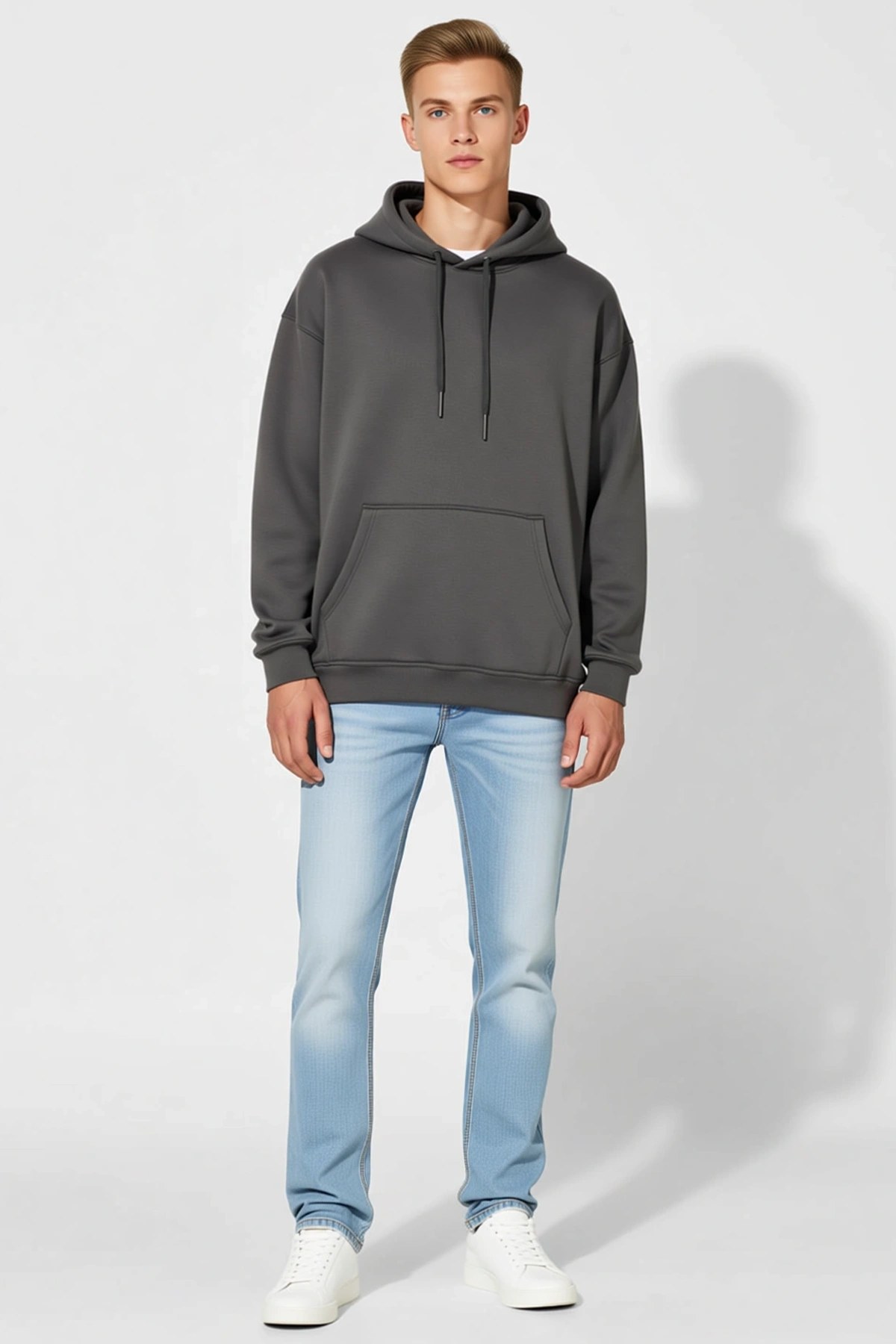 Erkek Düz Kapüşonlu Sweatshirt Geniş Kalıp Kanguru Cepli Bağcıklı Uzun Kollu Rib Detaylı Sezonluk