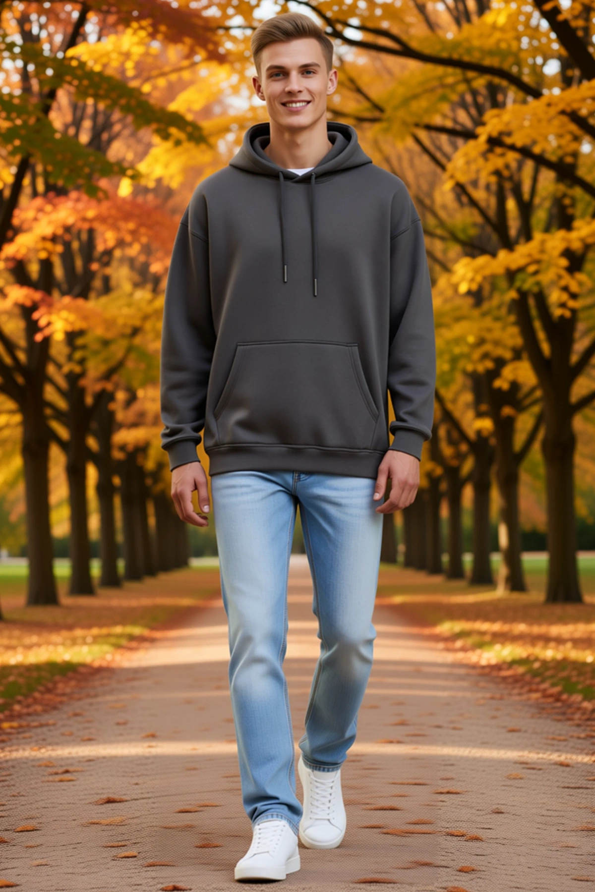 Erkek Düz Kapüşonlu Sweatshirt Geniş Kalıp Kanguru Cepli Bağcıklı Uzun Kollu Rib Detaylı Sezonluk