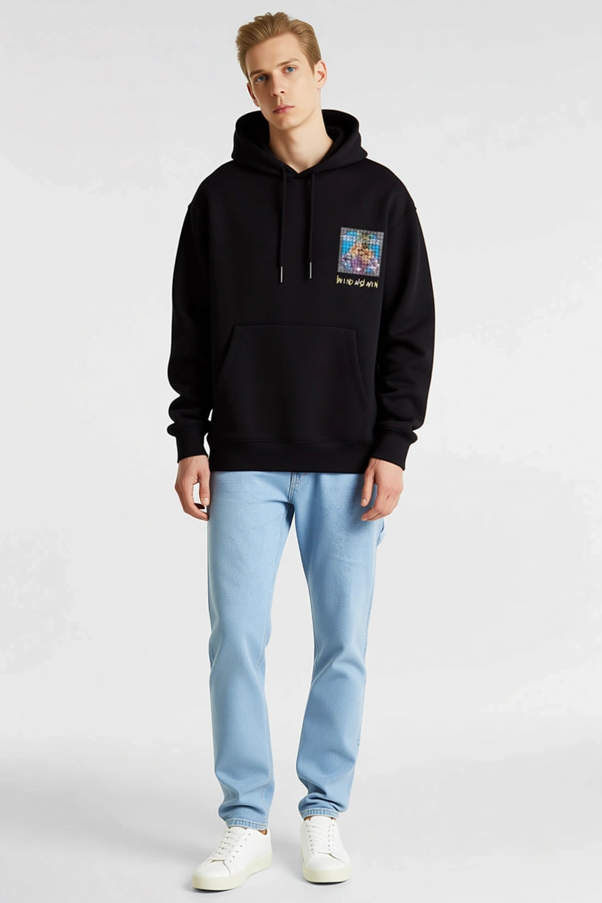 Erkek Sırt Baskılı Kapüşonlu Sweatshirt Oversize Grafik Desenli Düşük Omuz Rib Bantlı Rahat Günlük