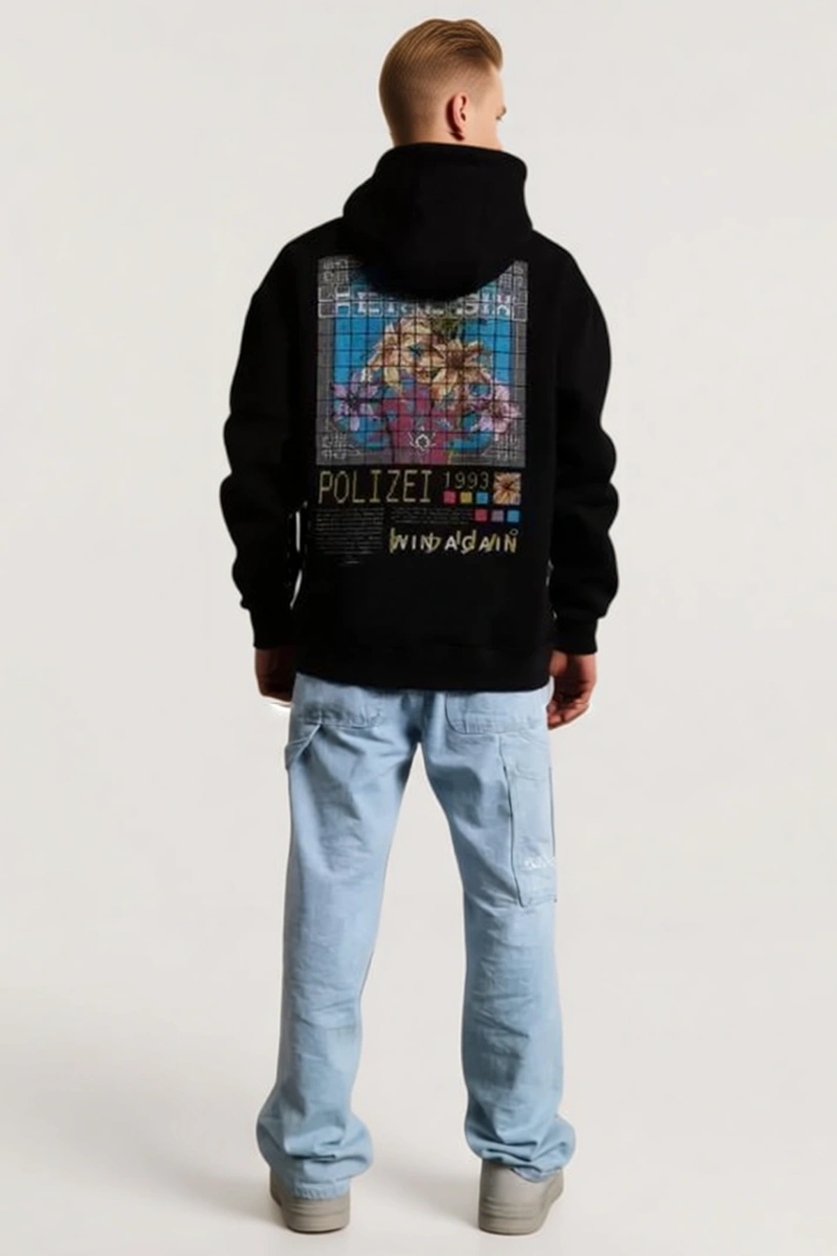 Erkek Sırt Baskılı Kapüşonlu Sweatshirt Oversize Grafik Desenli Düşük Omuz Rib Bantlı Rahat Günlük