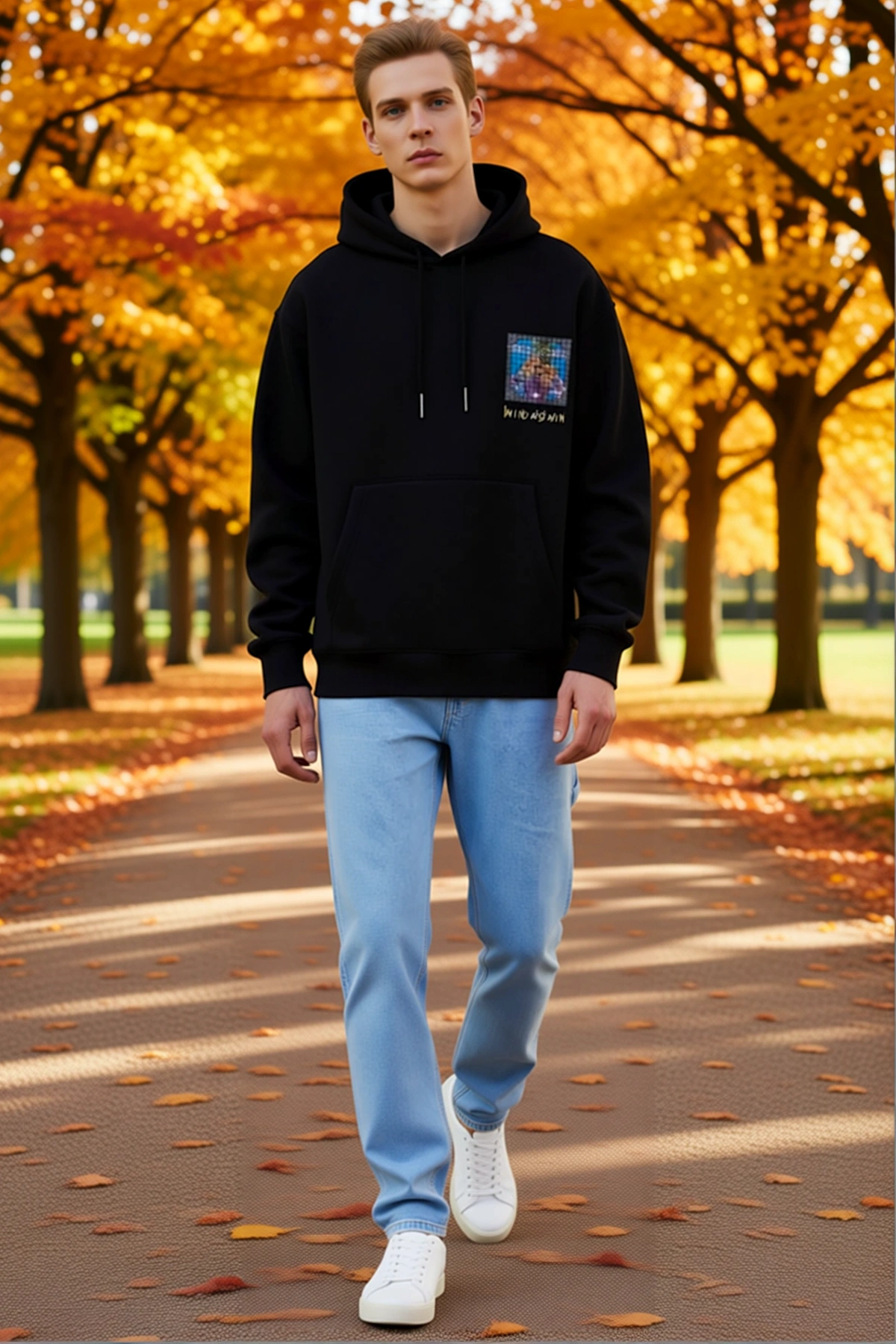 Erkek Sırt Baskılı Kapüşonlu Sweatshirt Oversize Grafik Desenli Düşük Omuz Rib Bantlı Rahat Günlük