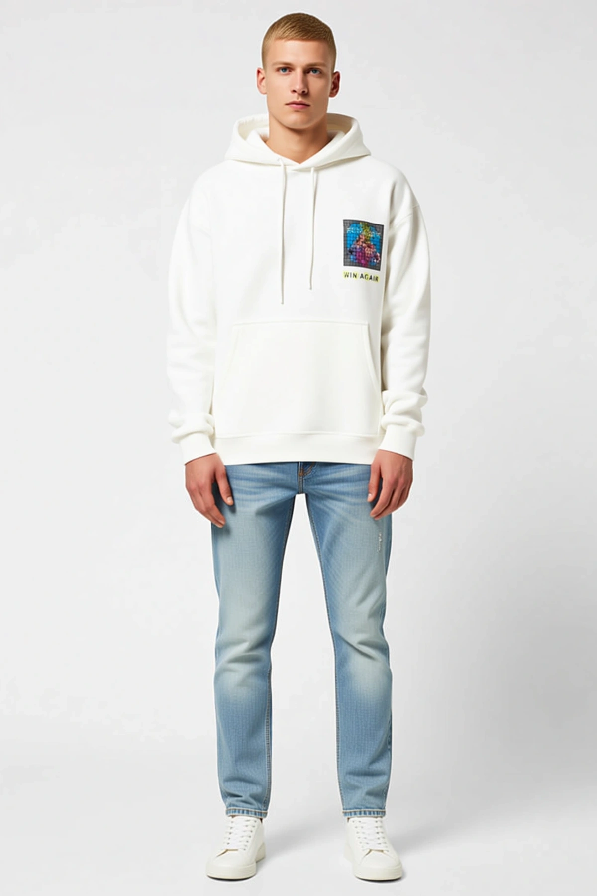 Erkek Oversize Kapüşonlu Sweat Sırt Baskılı Palmiye Desenli Düşük Omuzlu Ribanalı Günlük Rahat Kesim