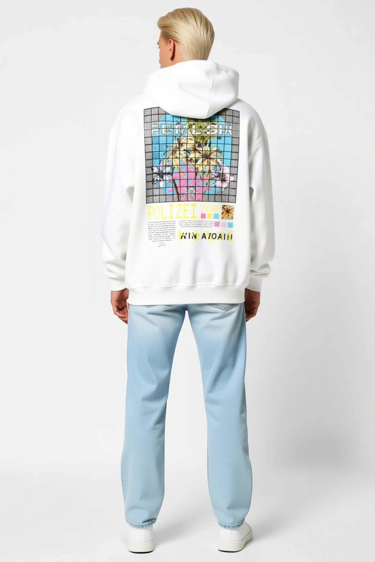 Erkek Oversize Kapüşonlu Sweat Sırt Baskılı Palmiye Desenli Düşük Omuzlu Ribanalı Günlük Rahat Kesim