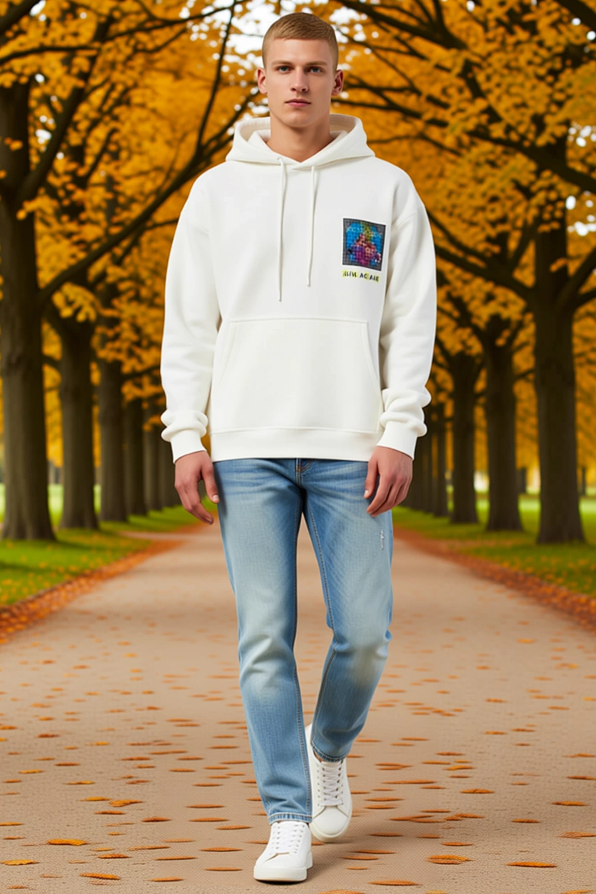 Erkek Oversize Kapüşonlu Sweat Sırt Baskılı Palmiye Desenli Düşük Omuzlu Ribanalı Günlük Rahat Kesim