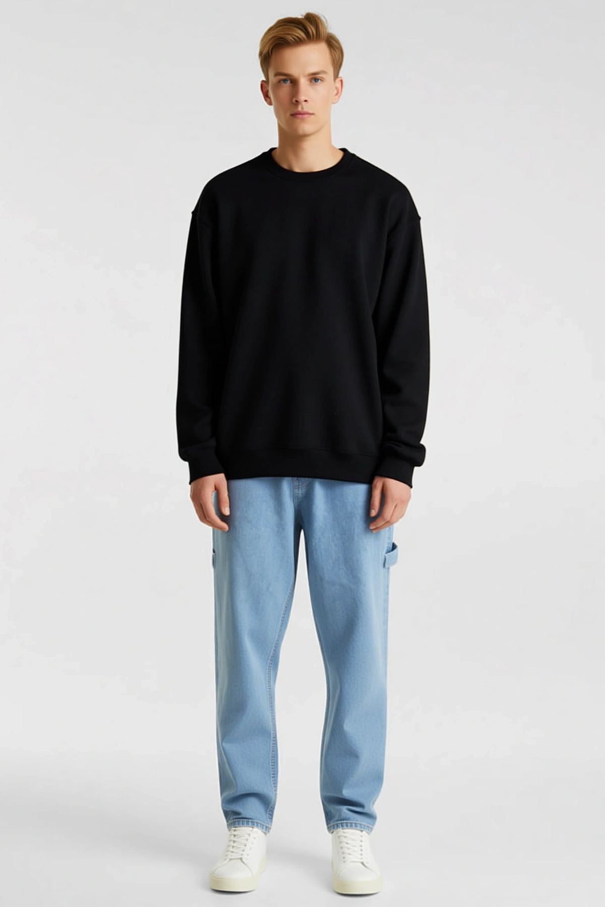 Erkek Düz Bisiklet Yaka Oversize Sweatshirt Düşük Omuz Ribanalı Kol Ağzı Etek Ucu Rahat Kalıp Günlük