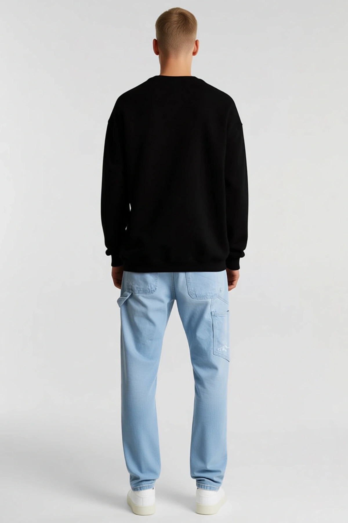 Erkek Düz Bisiklet Yaka Oversize Sweatshirt Düşük Omuz Ribanalı Kol Ağzı Etek Ucu Rahat Kalıp Günlük