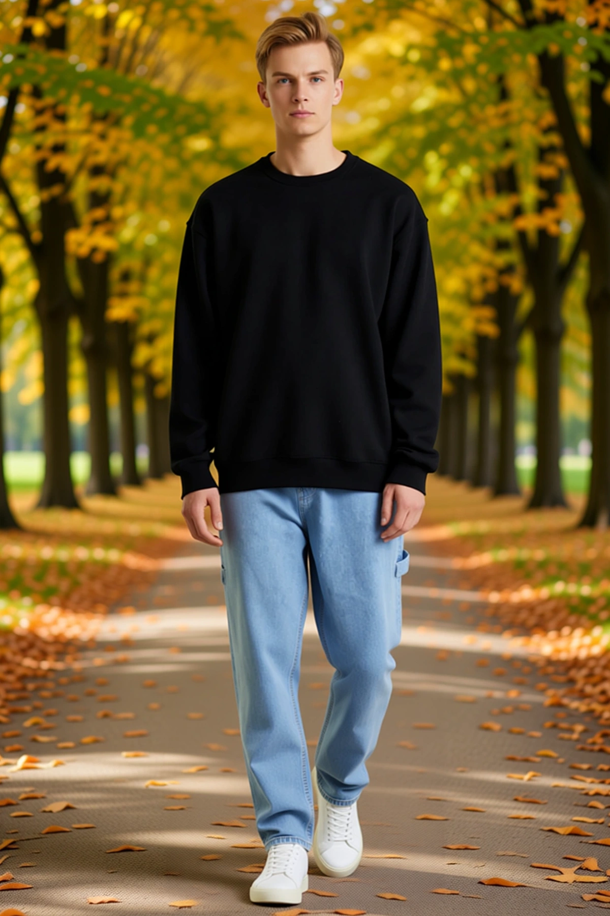Erkek Düz Bisiklet Yaka Oversize Sweatshirt Düşük Omuz Ribanalı Kol Ağzı Etek Ucu Rahat Kalıp Günlük