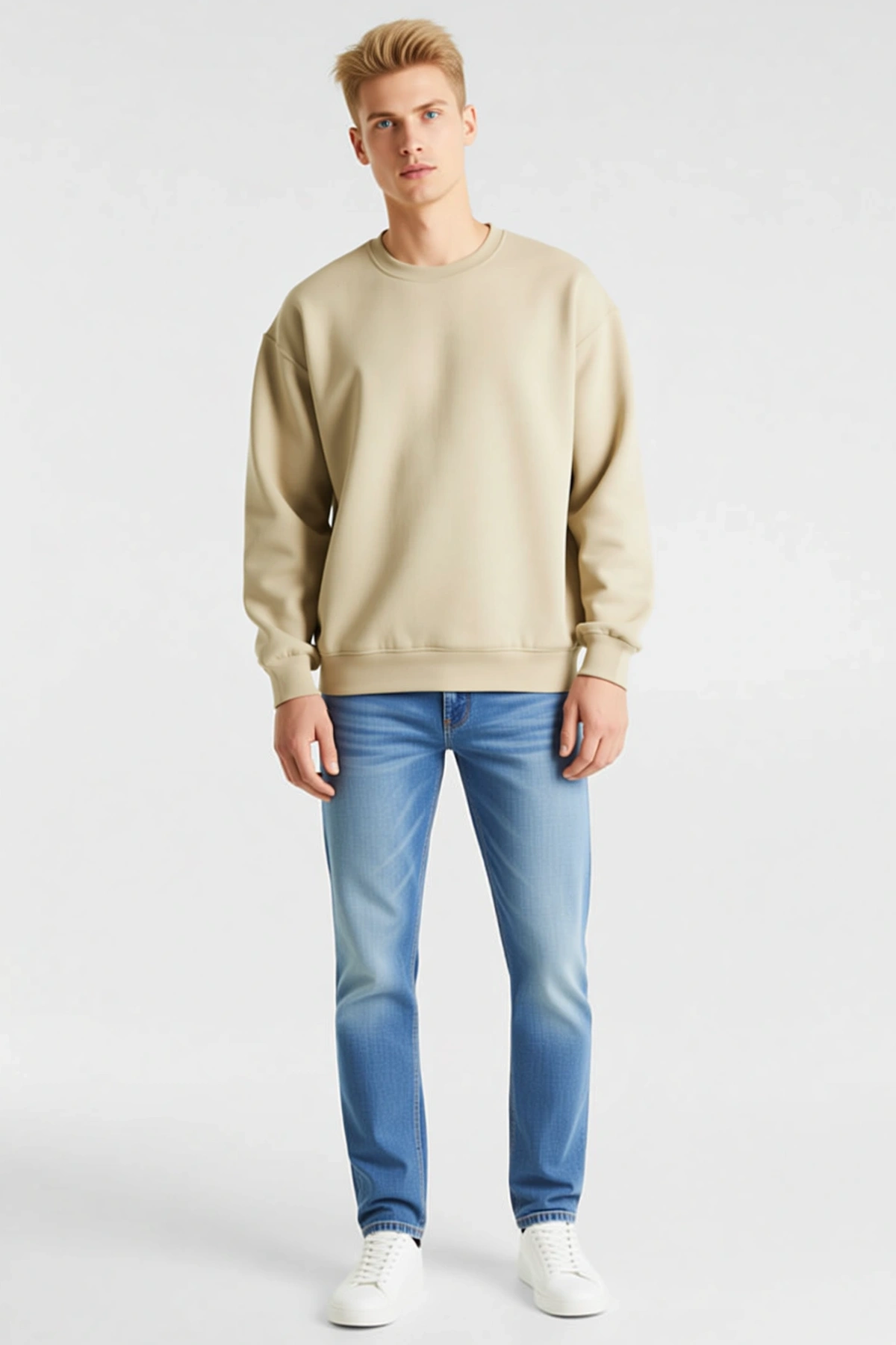 Erkek Bisiklet Yaka Düz Sweatshirt Bol Kesim Düşük Omuz Ribanalı Kol Ağzı Sade Kalıp Günlük Konforlu