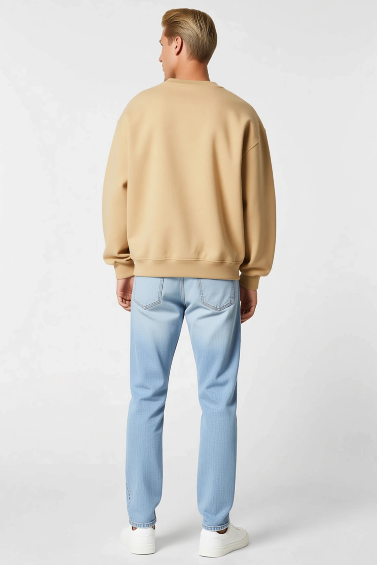 Erkek Bisiklet Yaka Düz Sweatshirt Bol Kesim Düşük Omuz Ribanalı Kol Ağzı Sade Kalıp Günlük Konforlu