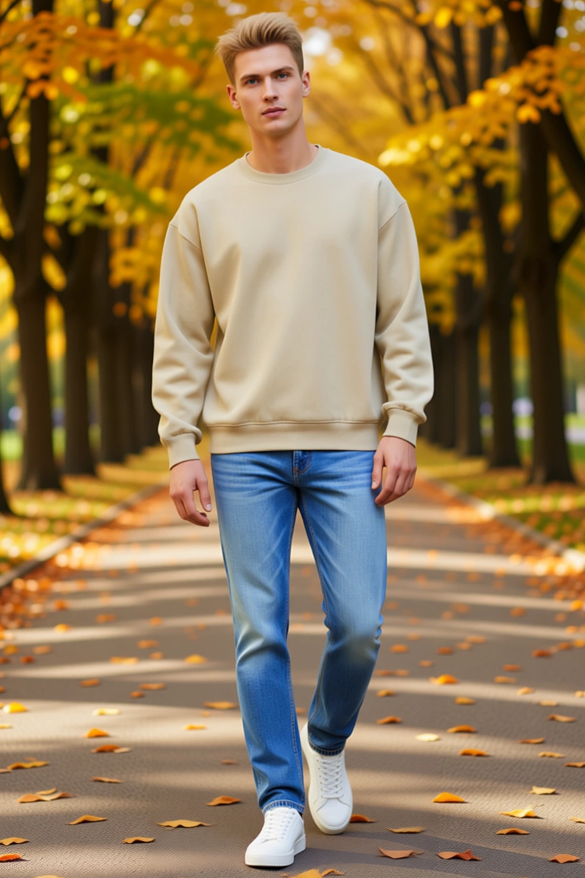 Erkek Bisiklet Yaka Düz Sweatshirt Bol Kesim Düşük Omuz Ribanalı Kol Ağzı Sade Kalıp Günlük Konforlu