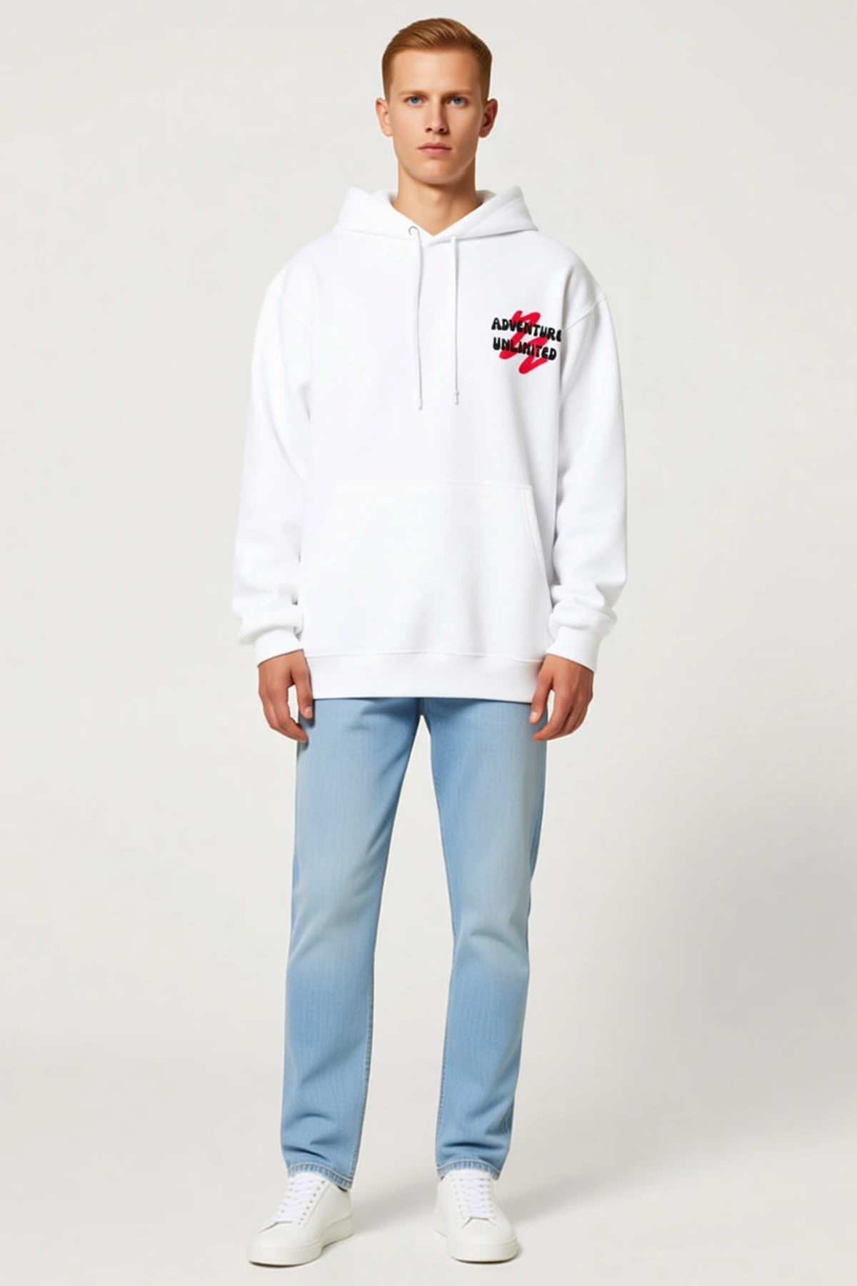 Erkek Oversize Kapüşonlu Sweat Uçuşan Kuşlar Sırt Baskılı Kalem Çizim Desenli Düşük Omuz Ribanalı