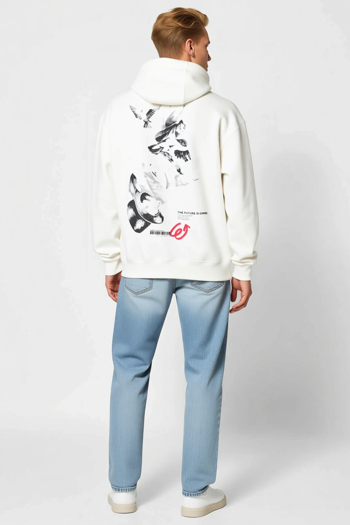 Erkek Oversize Kapüşonlu Sweat Uçuşan Kuşlar Sırt Baskılı Kalem Çizim Desenli Düşük Omuz Ribanalı