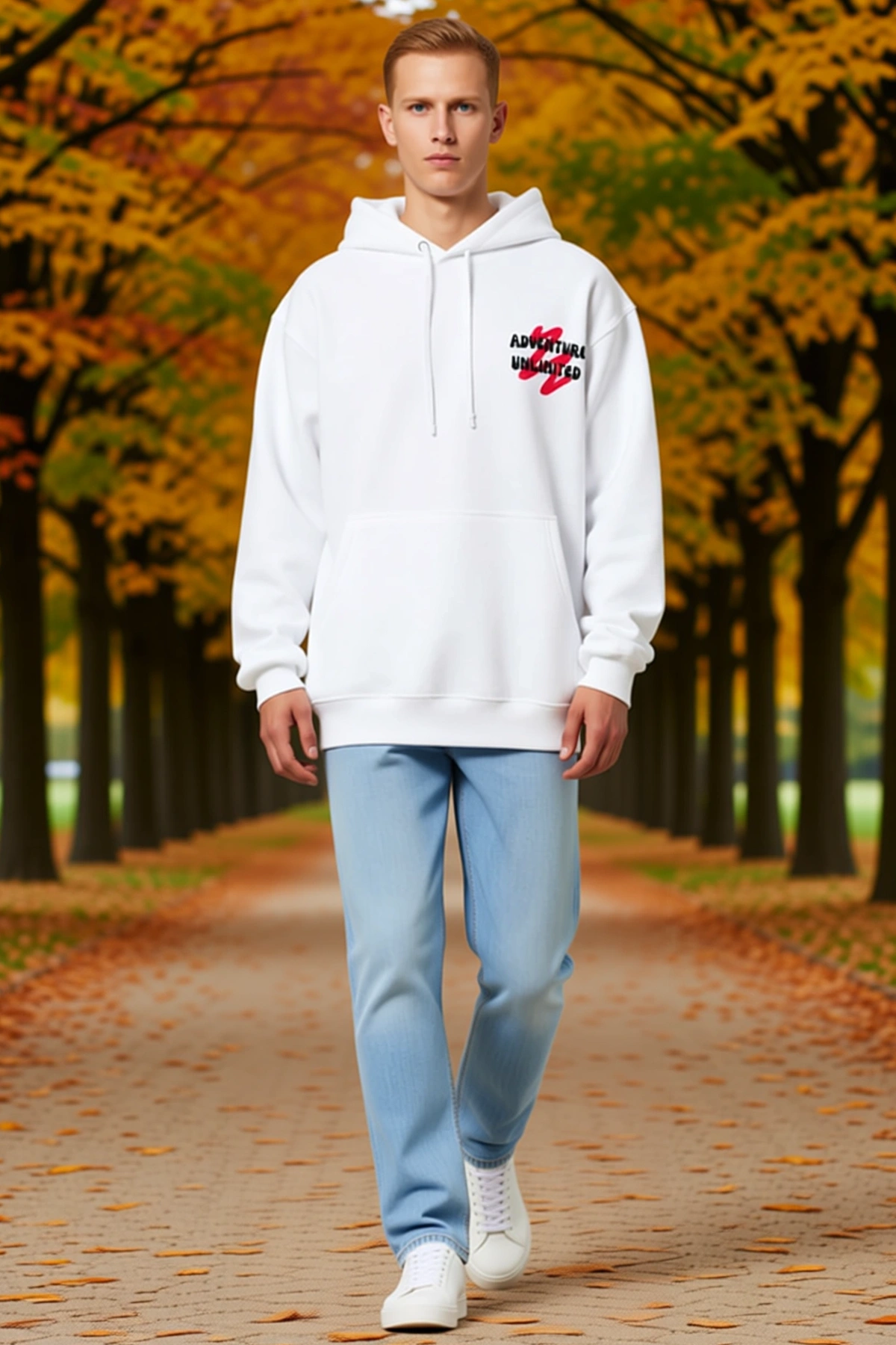Erkek Oversize Kapüşonlu Sweat Uçuşan Kuşlar Sırt Baskılı Kalem Çizim Desenli Düşük Omuz Ribanalı